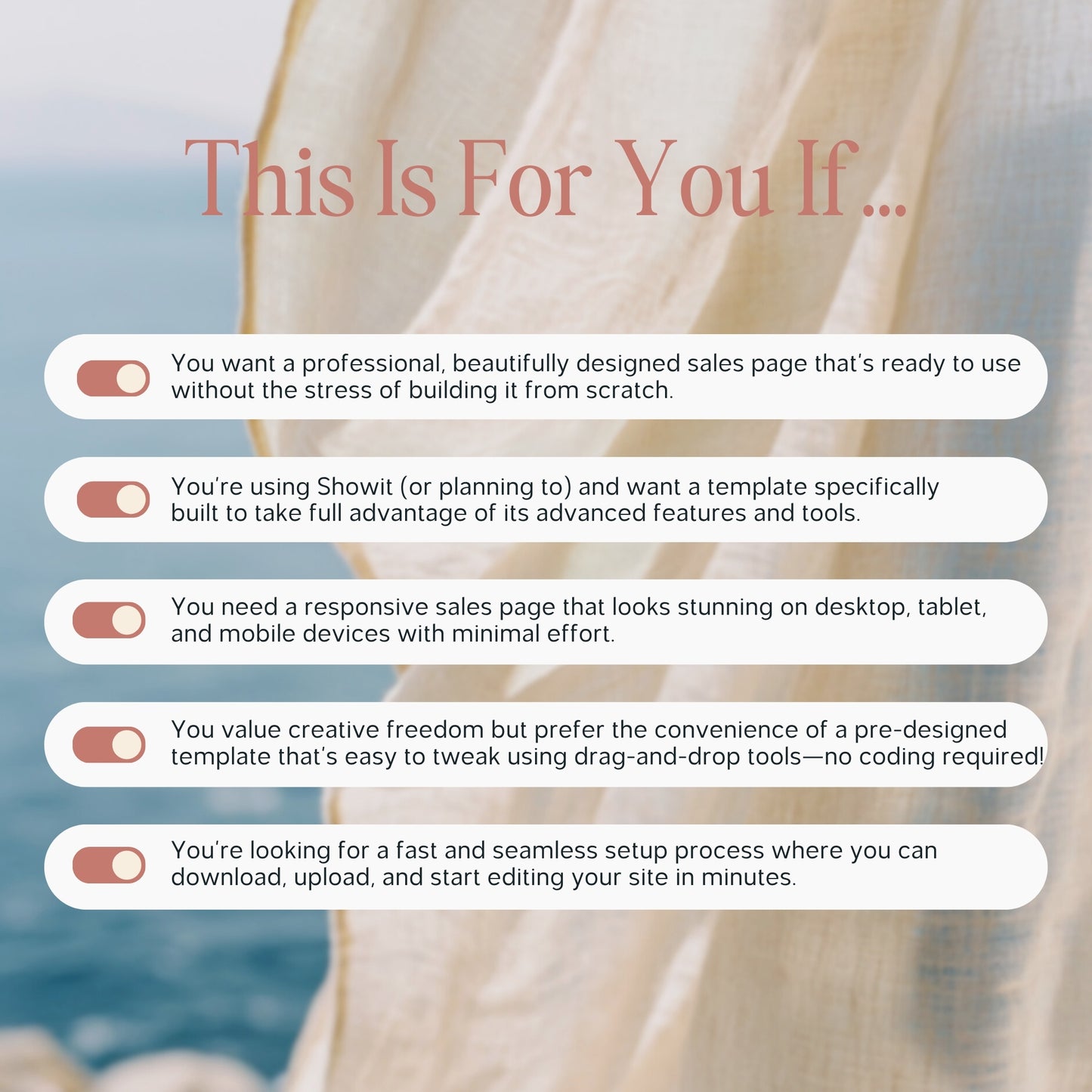 Text overlay with checkboxes and text on a blurred beach background for a Showit course sales page template