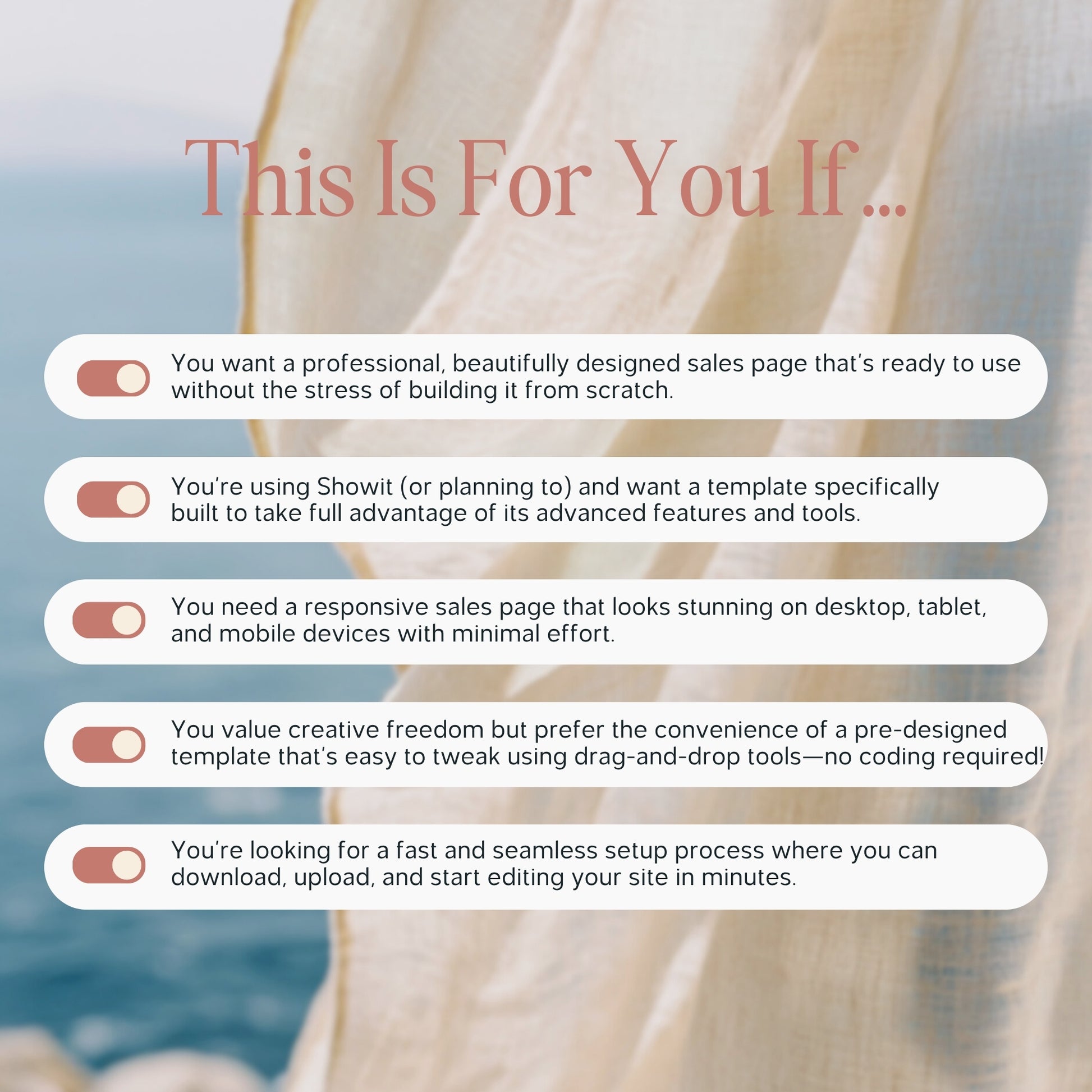 Text overlay with checkboxes and text on a blurred beach background for a Showit course sales page template