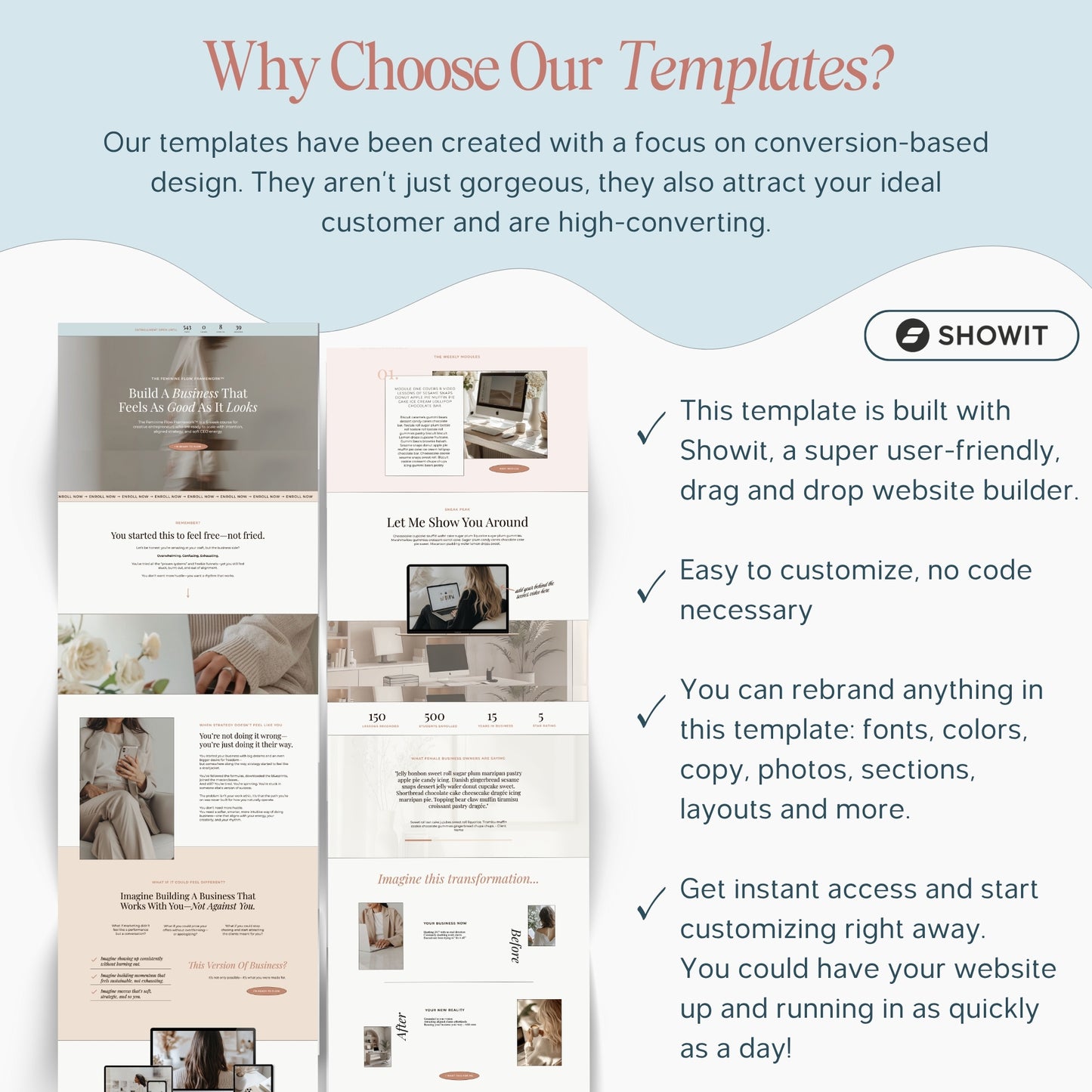 Showit course sales page template with features and benefits highlighted
