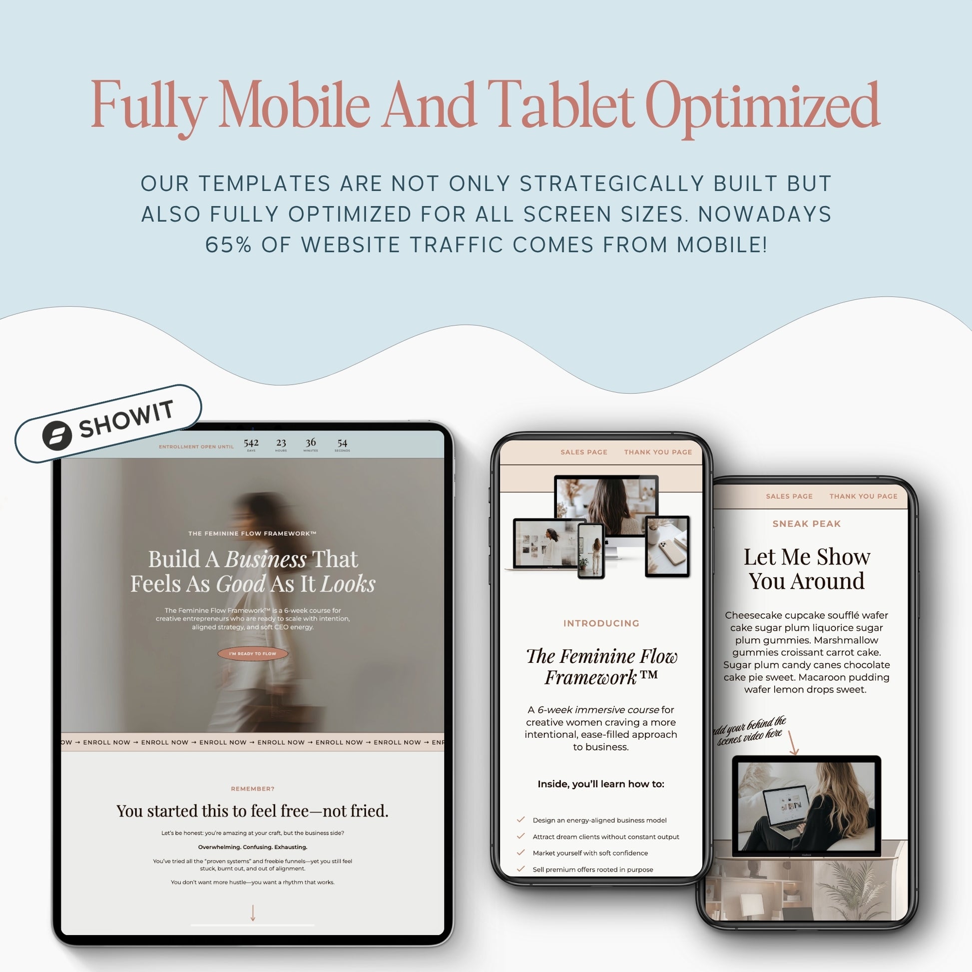 Showit course sales page template displayed on tablets with promotional text about mobile and tablet optimization.