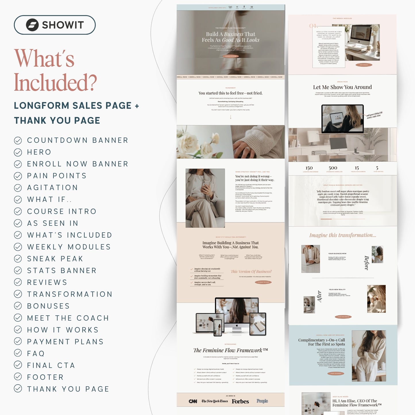 Showit course sales page template with various sections and features.