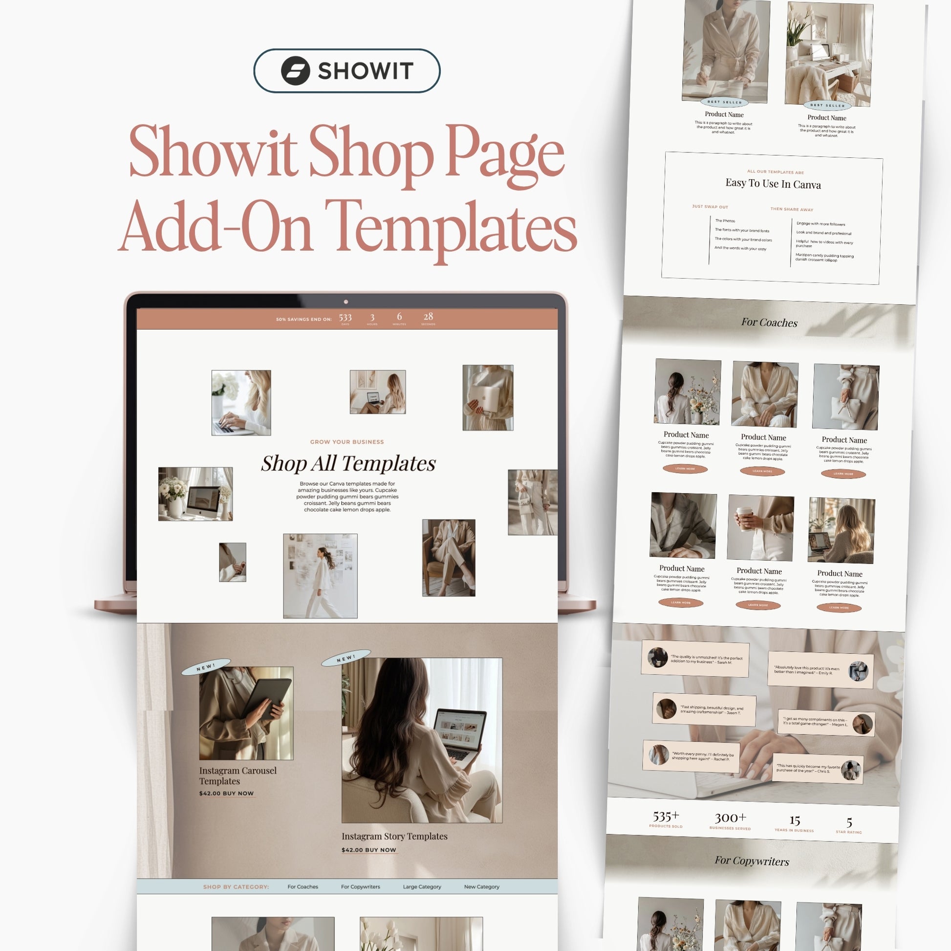 Showit Shop Page Add-On Templates with a laptop and tablet displaying templates on a white background.