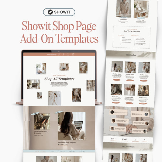 Showit Shop Page Add-On Templates with a laptop and tablet displaying templates on a white background.