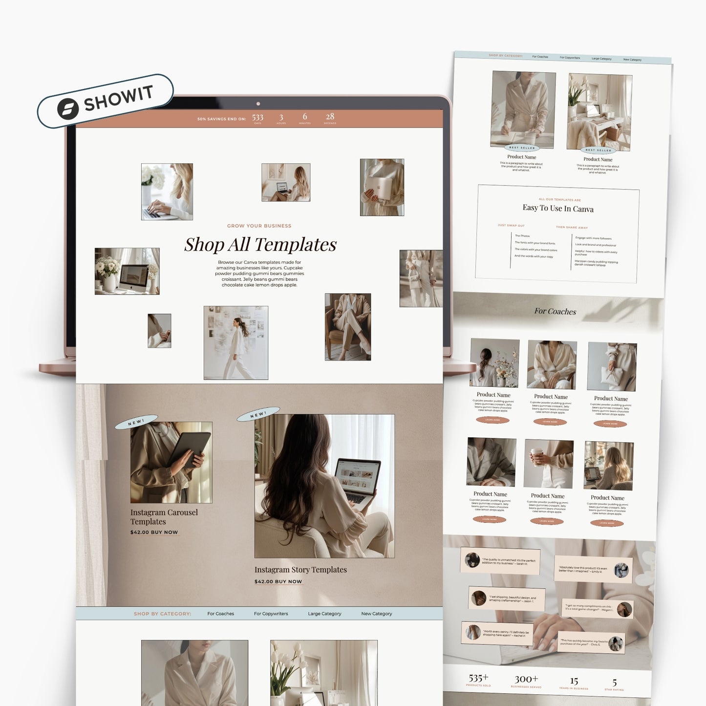 Showit website with template shop interface on a white background