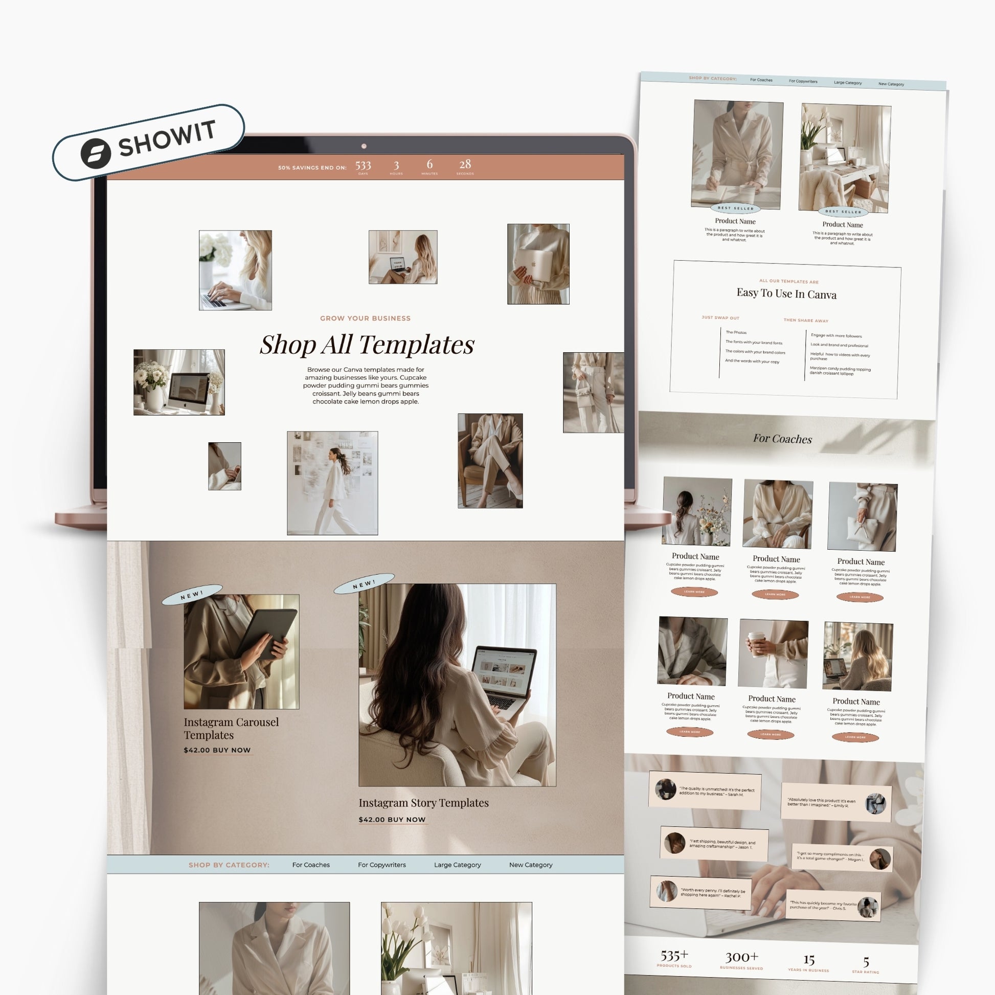 Showit website with template shop interface on a white background