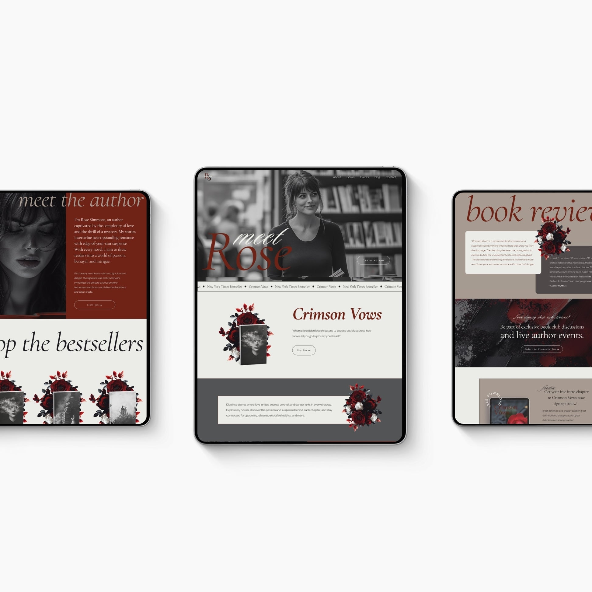 Three digital mockups of Squarespace Template For Authors with a the home page featuring the book 'Crimson Vows' and 'meet the author' sections.