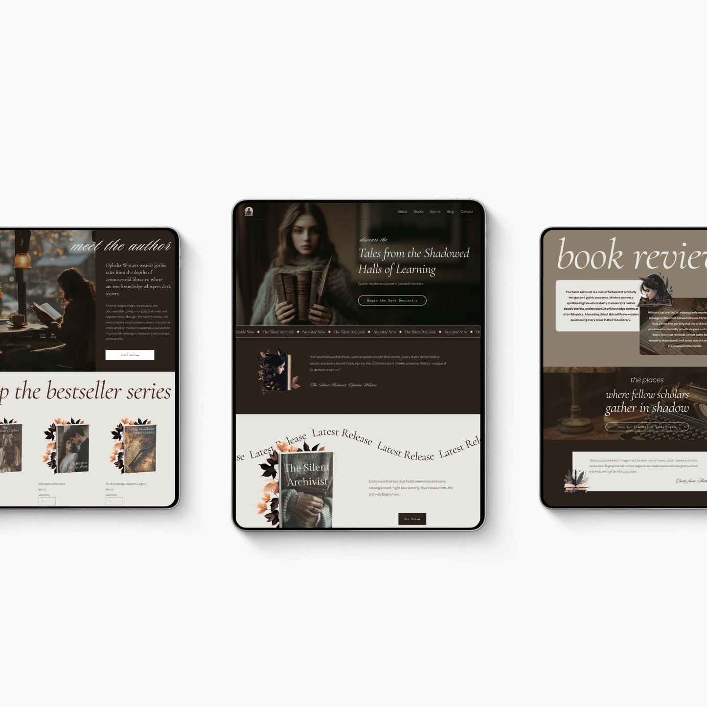 Three tablets displaying a book-themed Squarespace Template For Authors on a white background