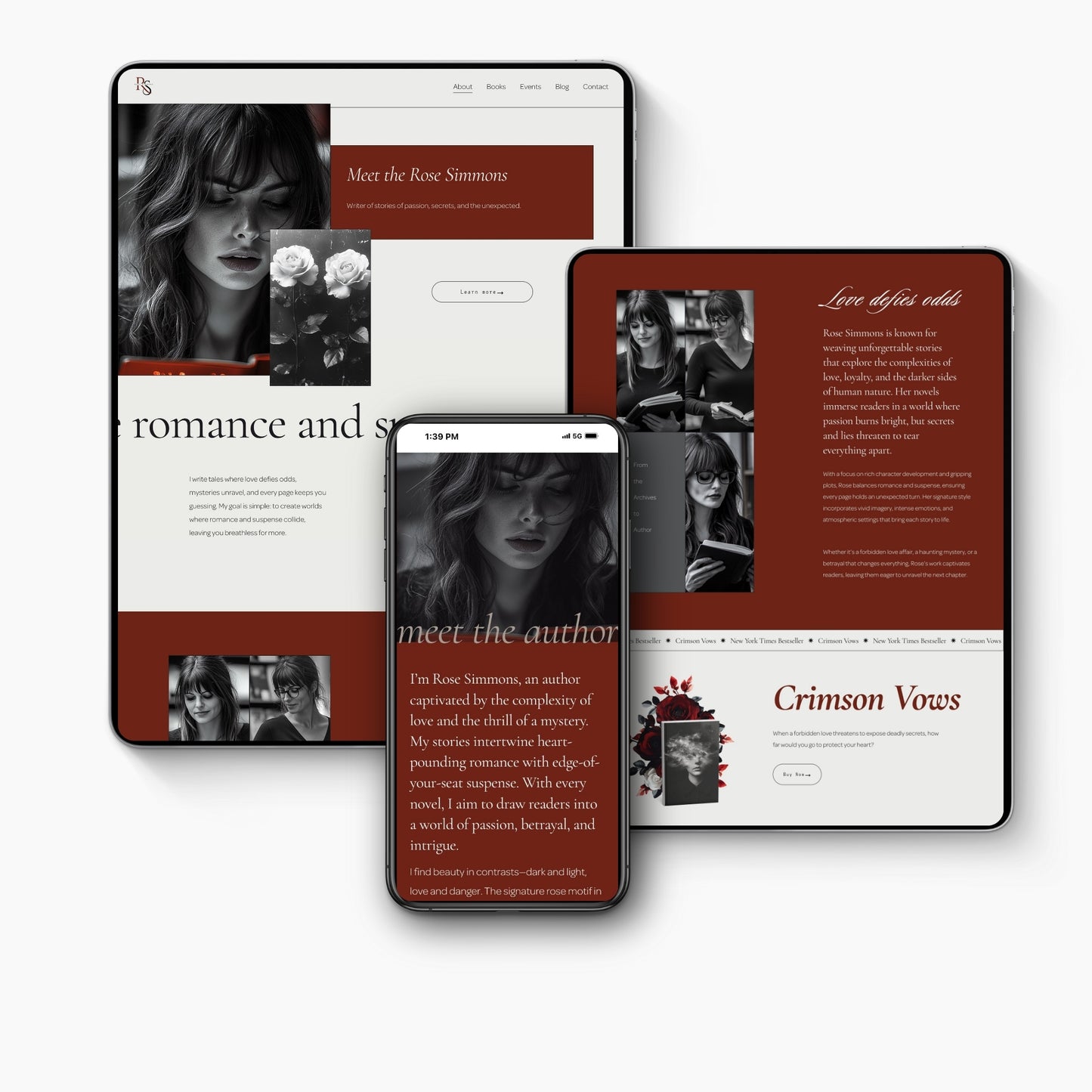 Digital mockup of a Squarespace Template For Authors on a tablet, phone, and computer screen.