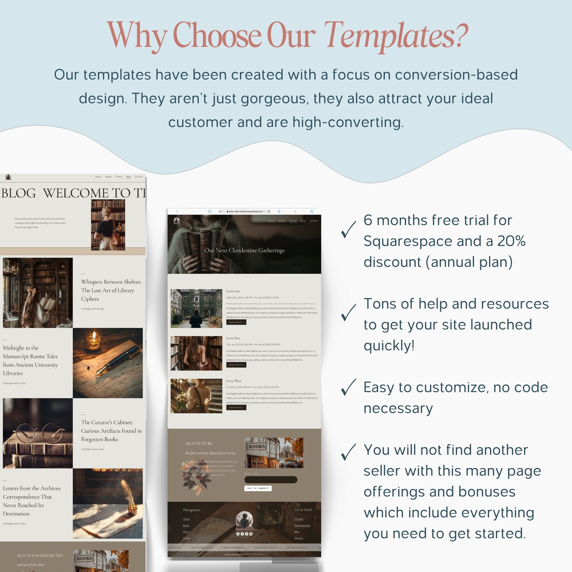 Promotional graphic for Squarespace Template For Authors with text about conversion-based design and free trial offer.