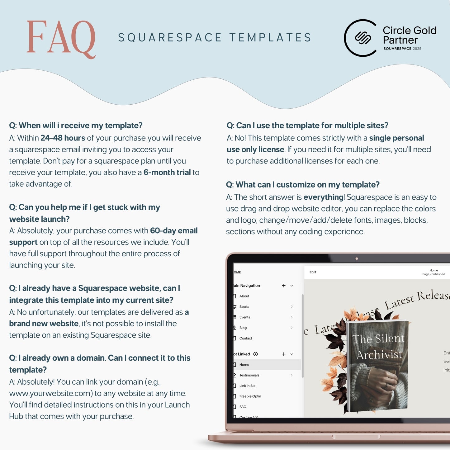 FAQ section about Squarespace Template For Authors with a laptop displaying a website on a light blue background.