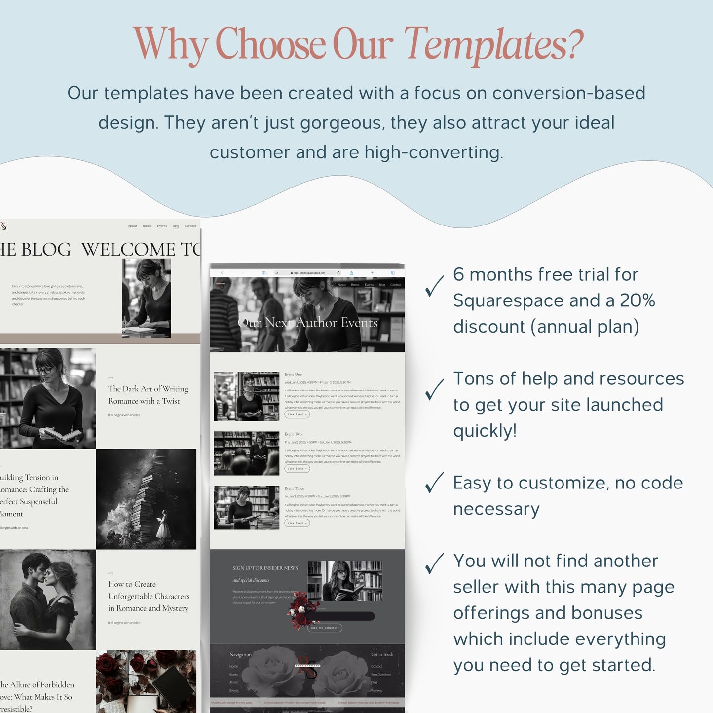 Promotional text about Squarespace Template For Authors with examples and benefits listed.