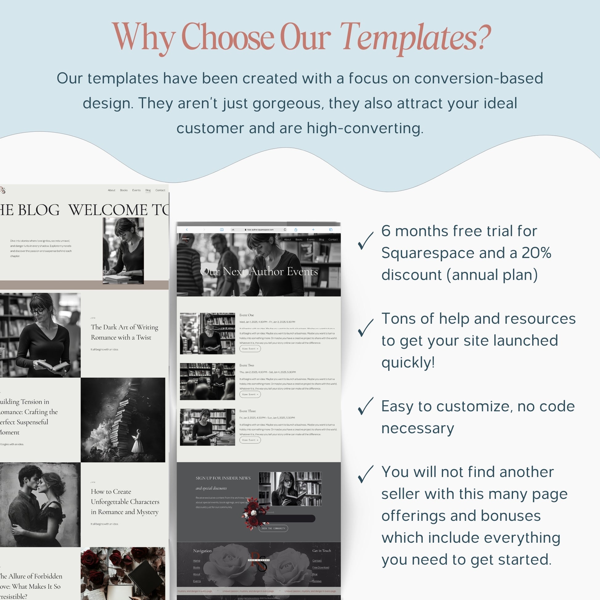 Promotional text about Squarespace Template For Authors with examples and benefits listed.