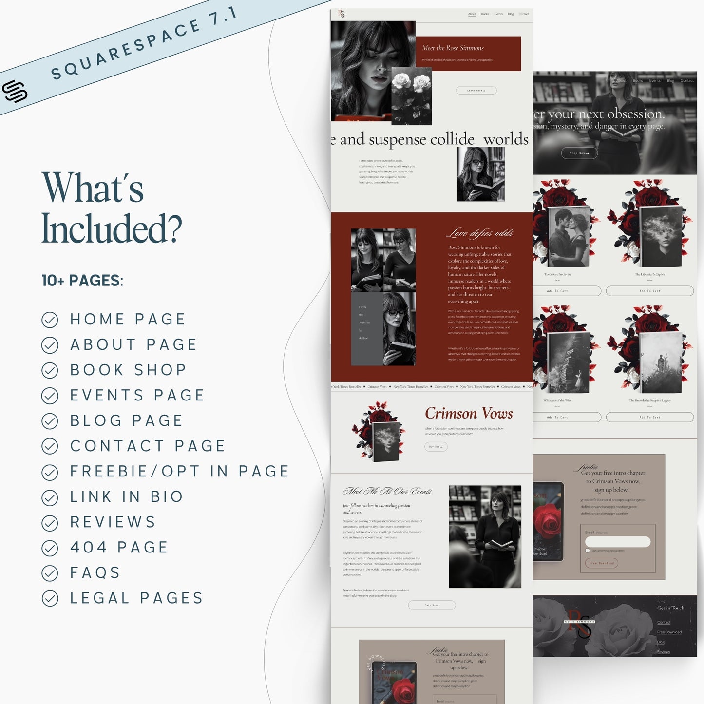 Squarespace Template For Authors with page layout options and features.