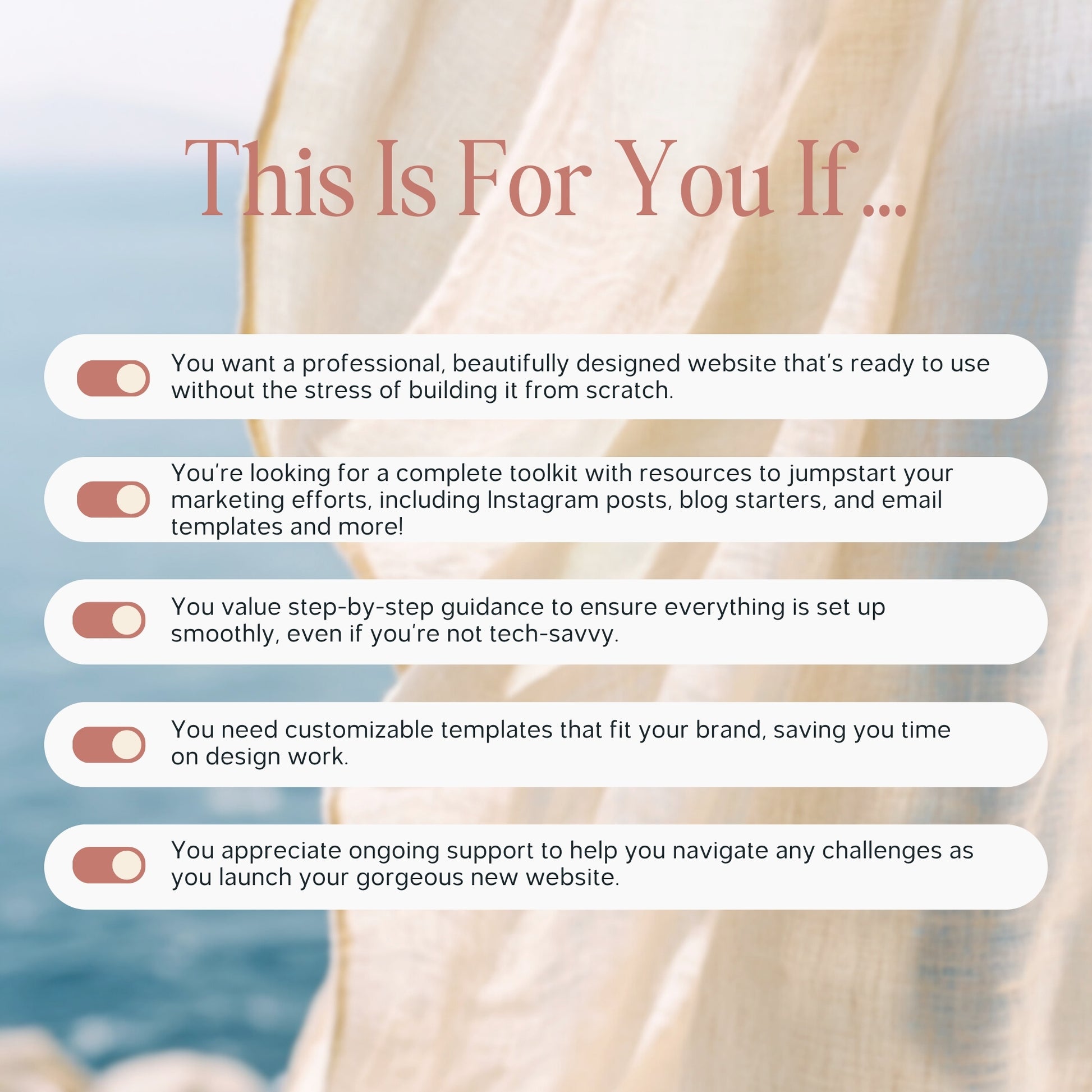 Promotional text overlay with checkboxes on a blurred beach background for a Squarespace Template For Authors
