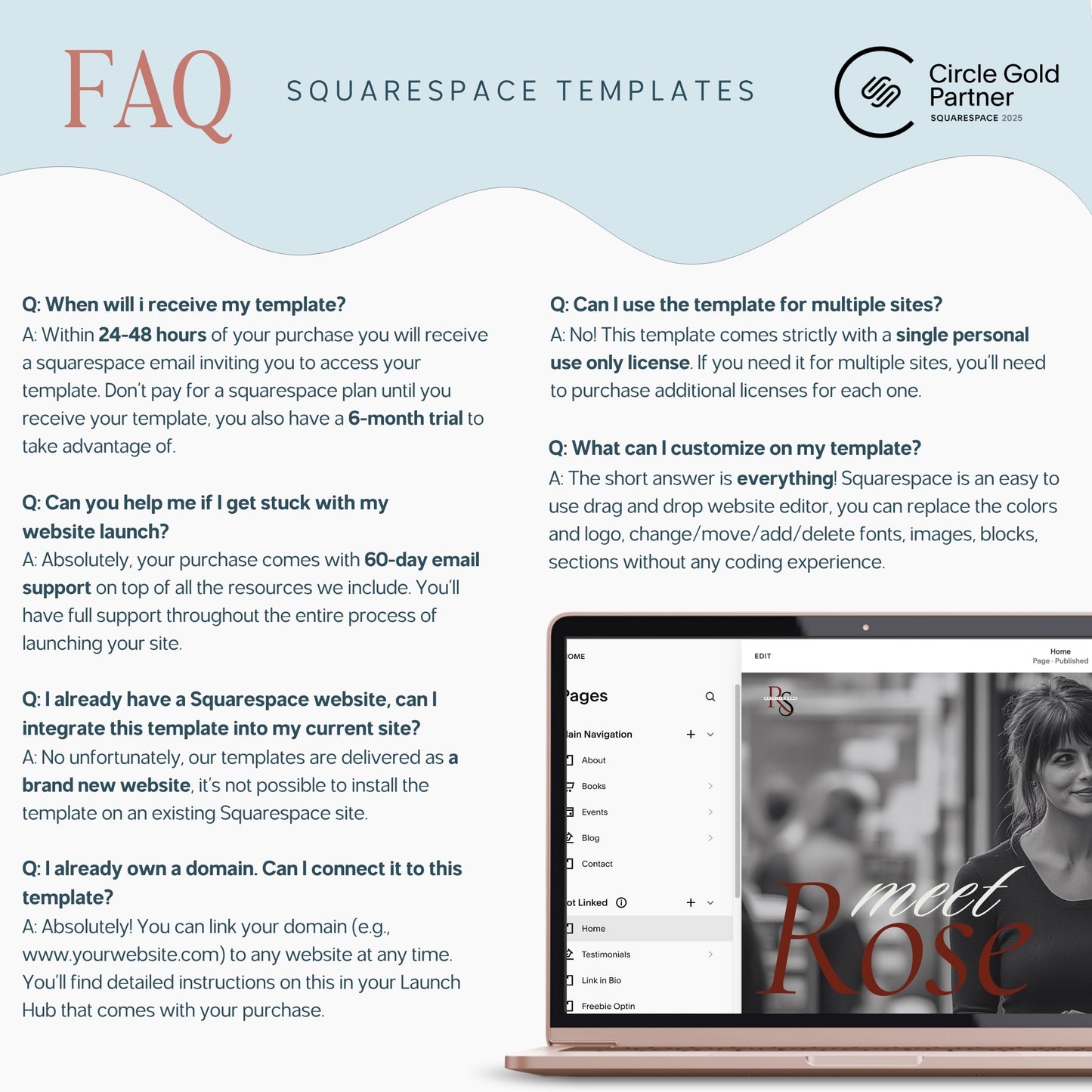 FAQ section about Squarespace Template For Authors with a laptop displaying a website design.