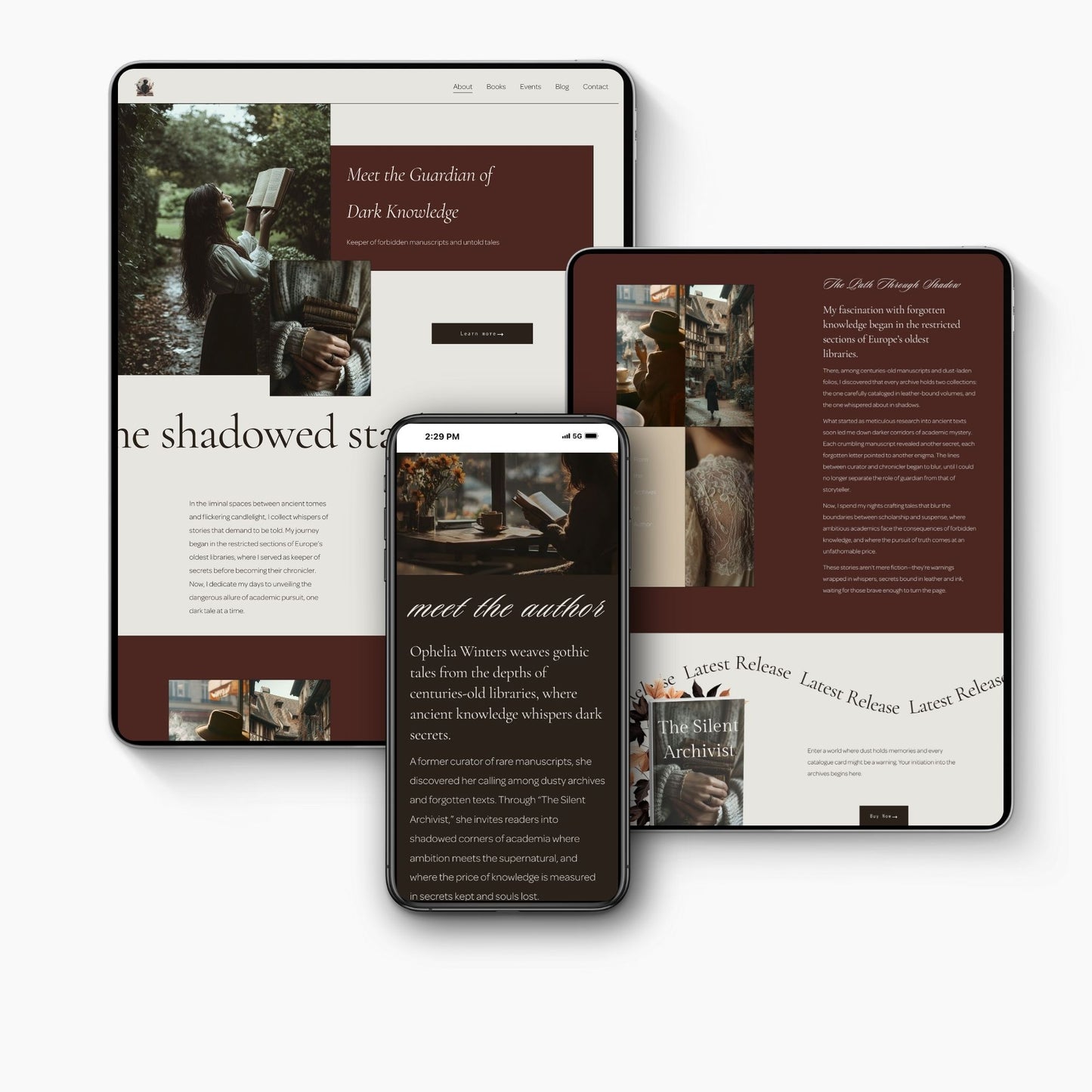 Digital mockup of a Squarespace Template For Authors design on a tablet, smartphone, and computer screen.