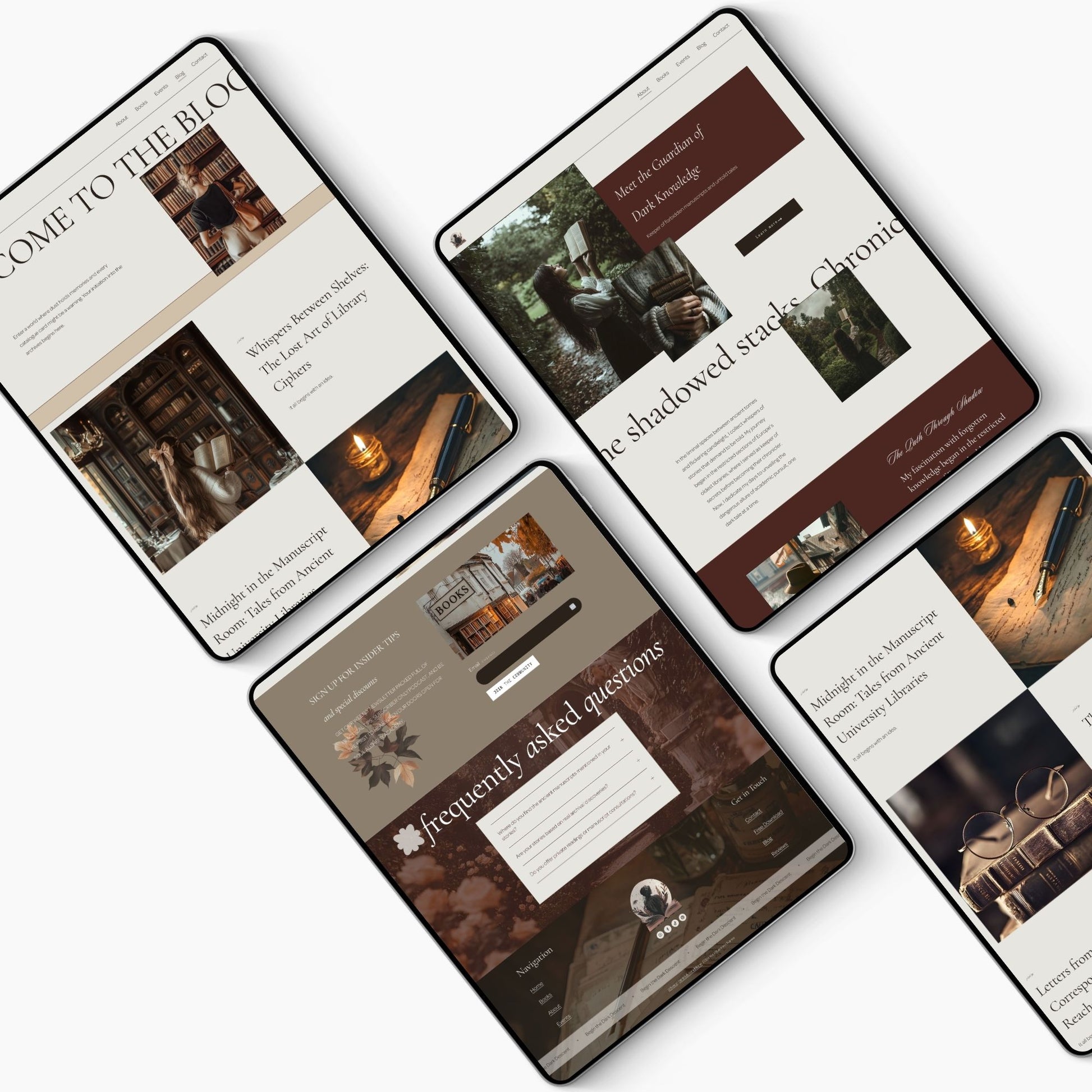 Four tablet screens displaying a Squarespace Template For Authors layout with images and text.