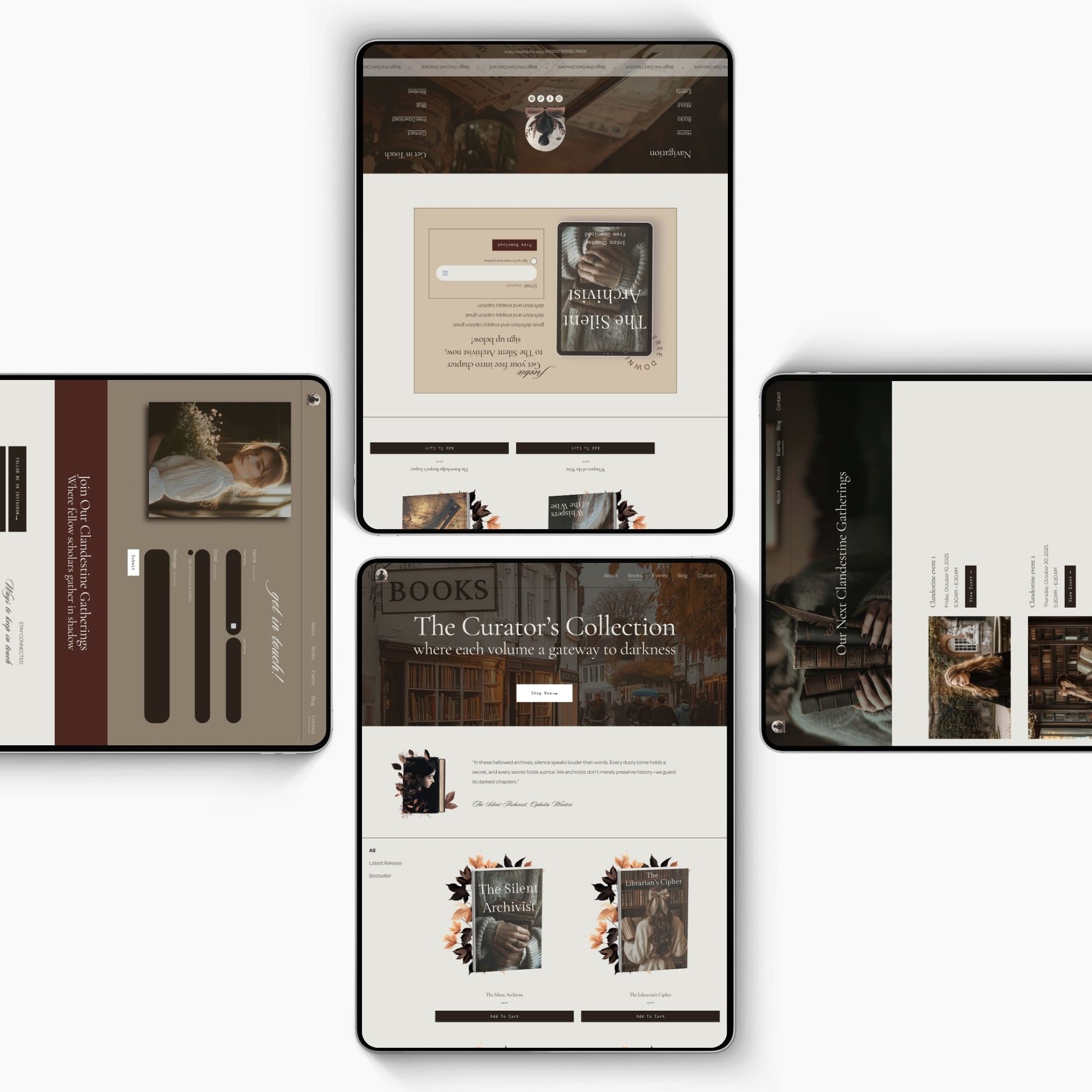 Multiple smartphone screens displaying a Squarespace Template For Authors with book covers and text.