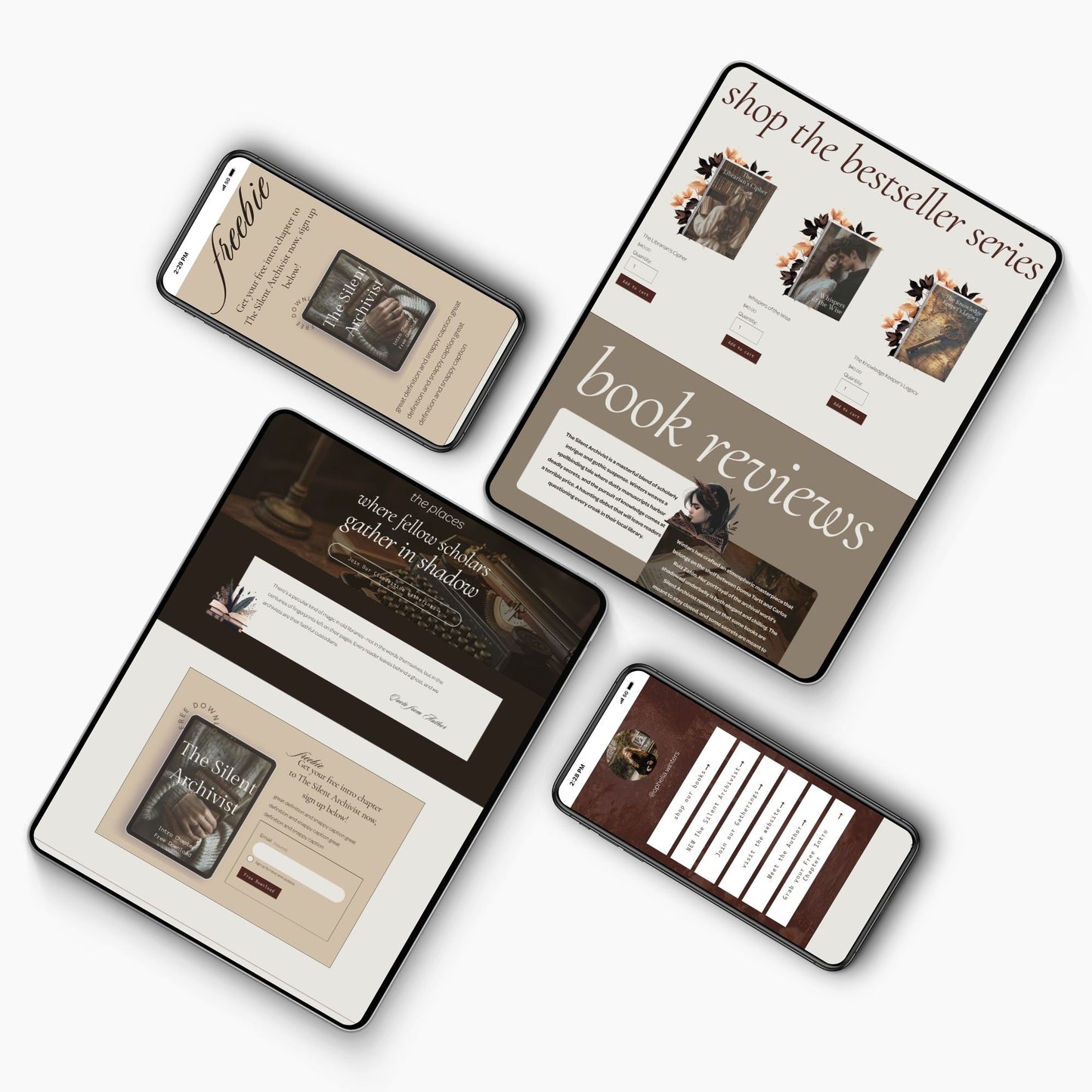 Four smartphone screens displaying a Squarespace Template For Authors with a focus on bestseller series and book details.