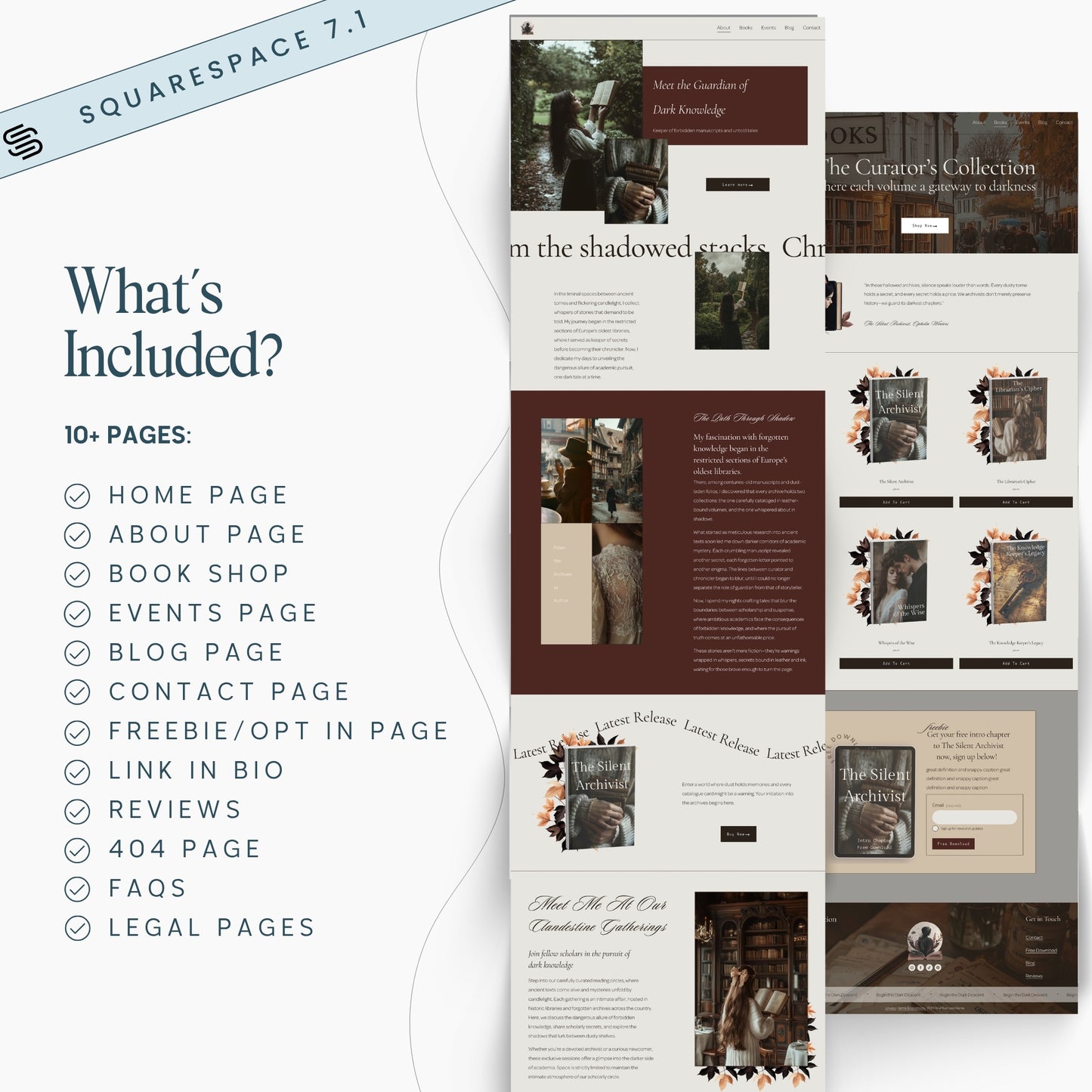 Squarespace Template For Authors with features listed on the left and design examples on the right.