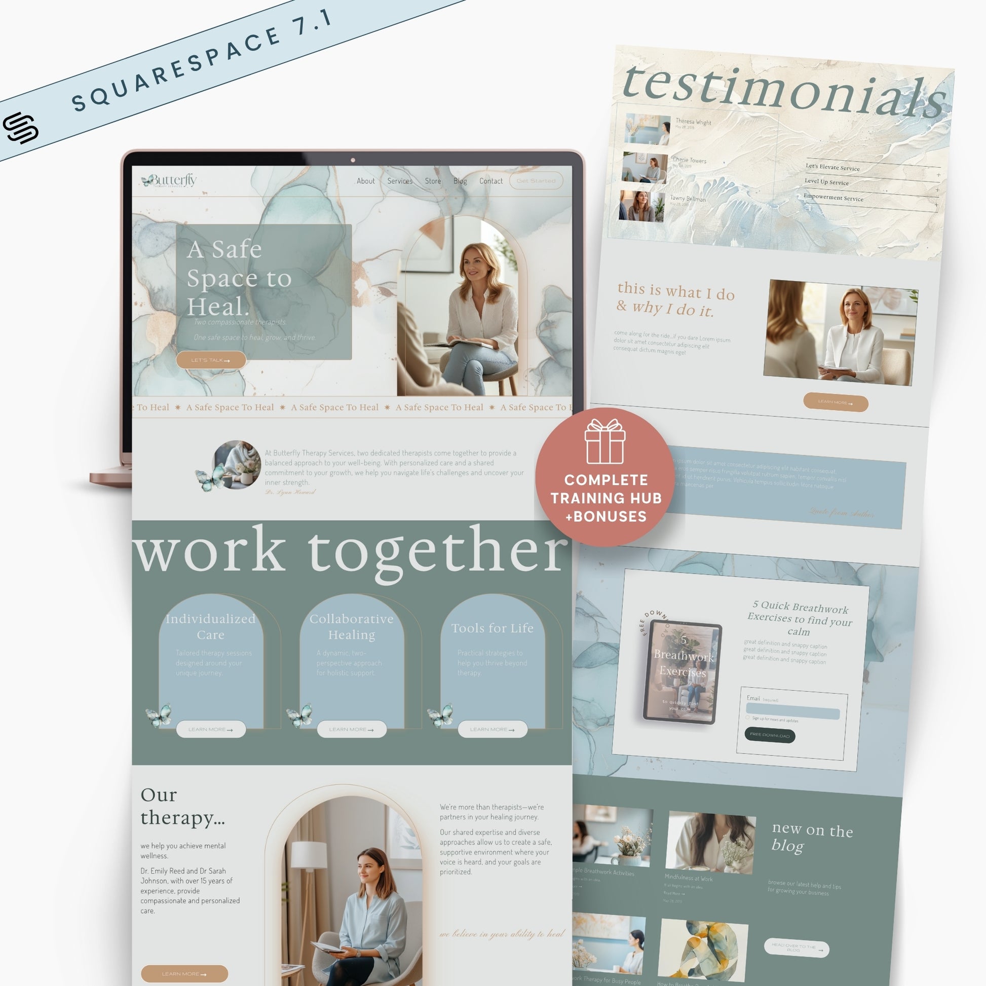 Squarespace Template For Therapistswith a woman in a therapy session and testimonials.