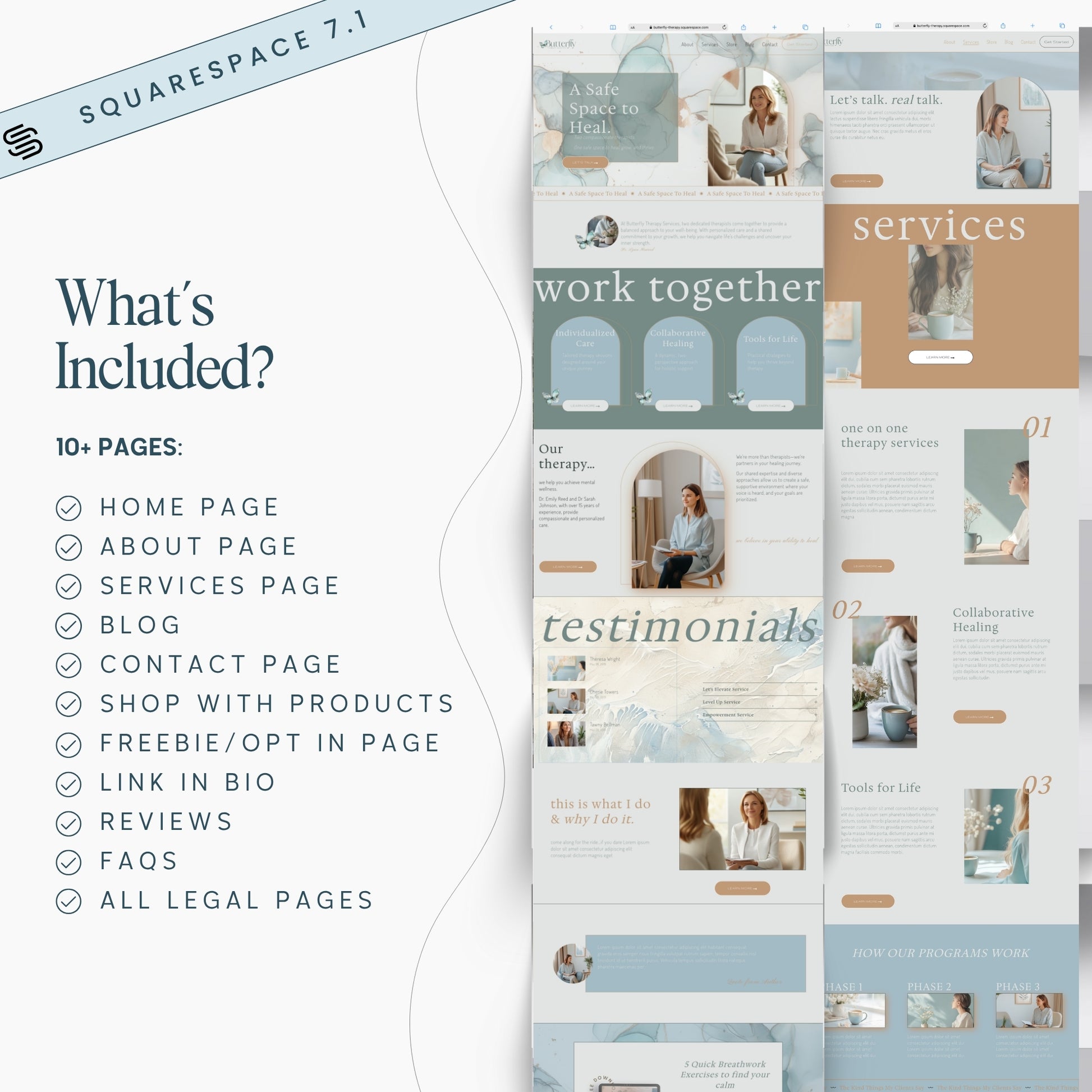 Squarespace Template For Therapists with various pages displayed on a white background.