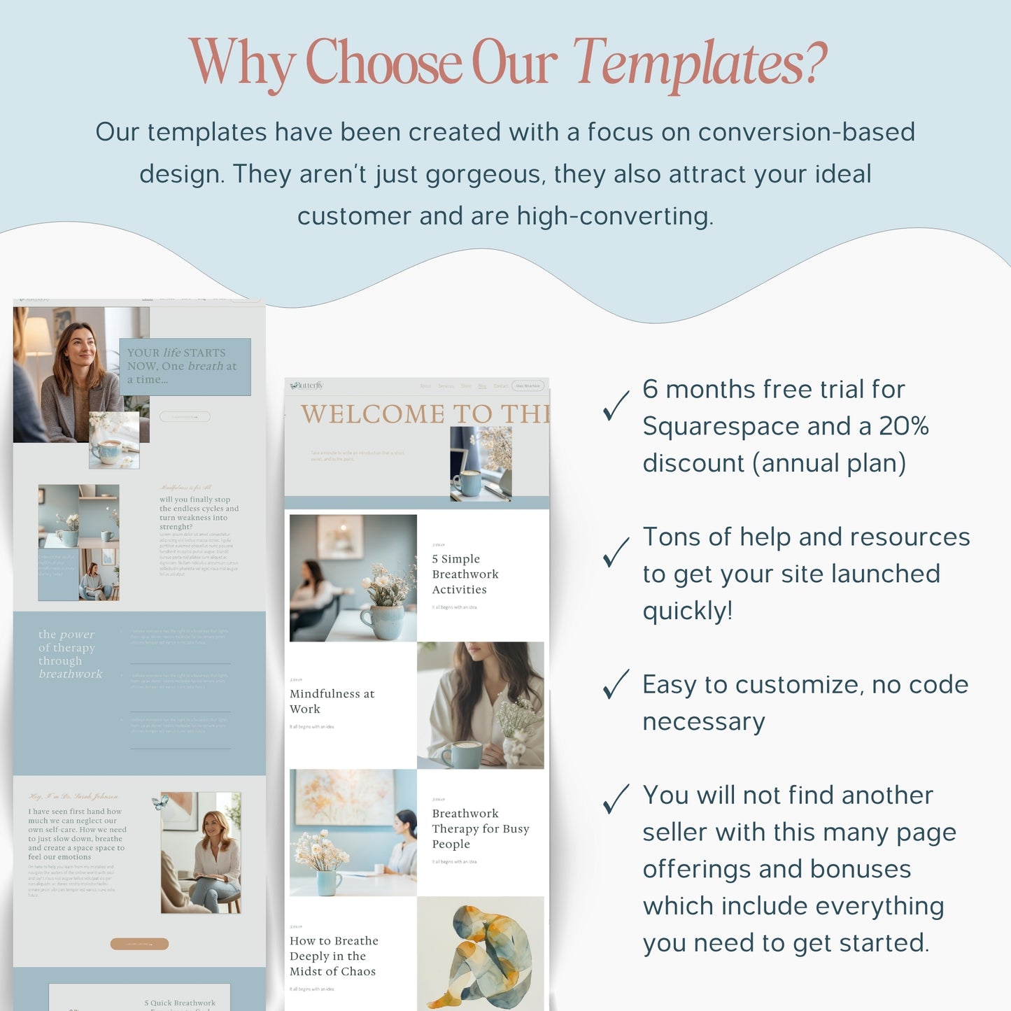 Promotional text about a Squarespace Template For Therapists with images of a magazine layout and a woman on a phone call.