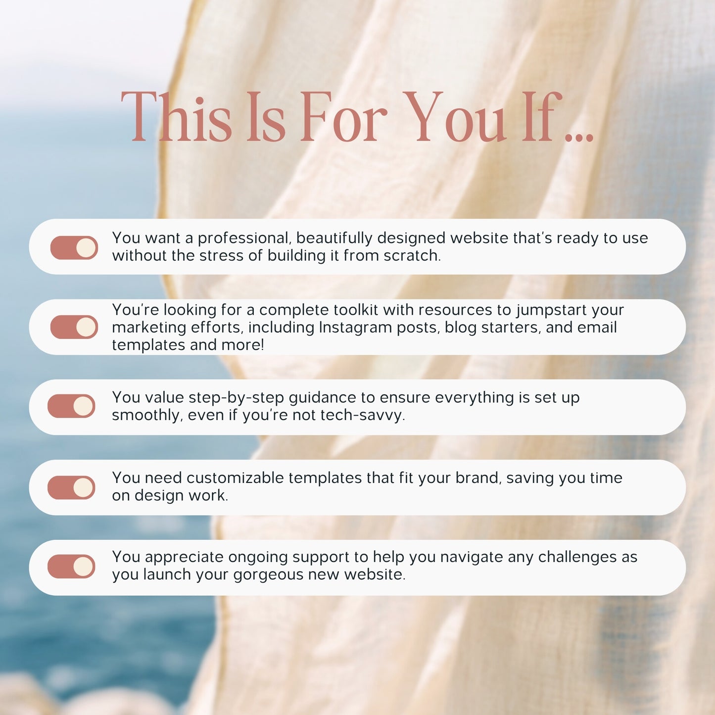 Promotional text overlay with checkboxes on a blurred beach background for a Squarespace Template For Therapists