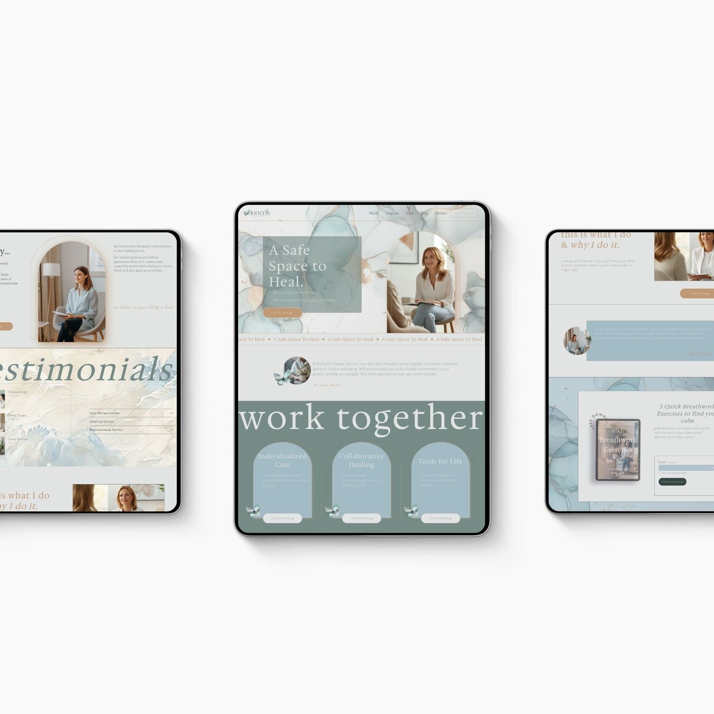 Three tablets displaying a Squarespace Template For Therapists with text and images on a white background