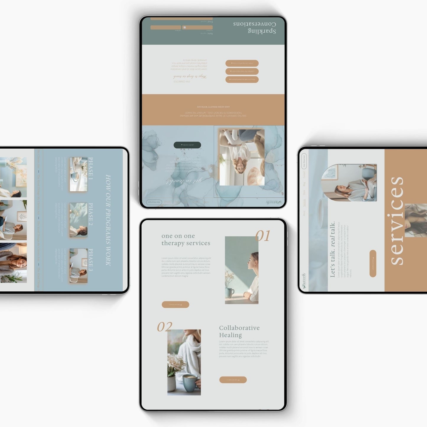 Collage of Squarespace Template For Therapists design mockups with a focus on layout and content.