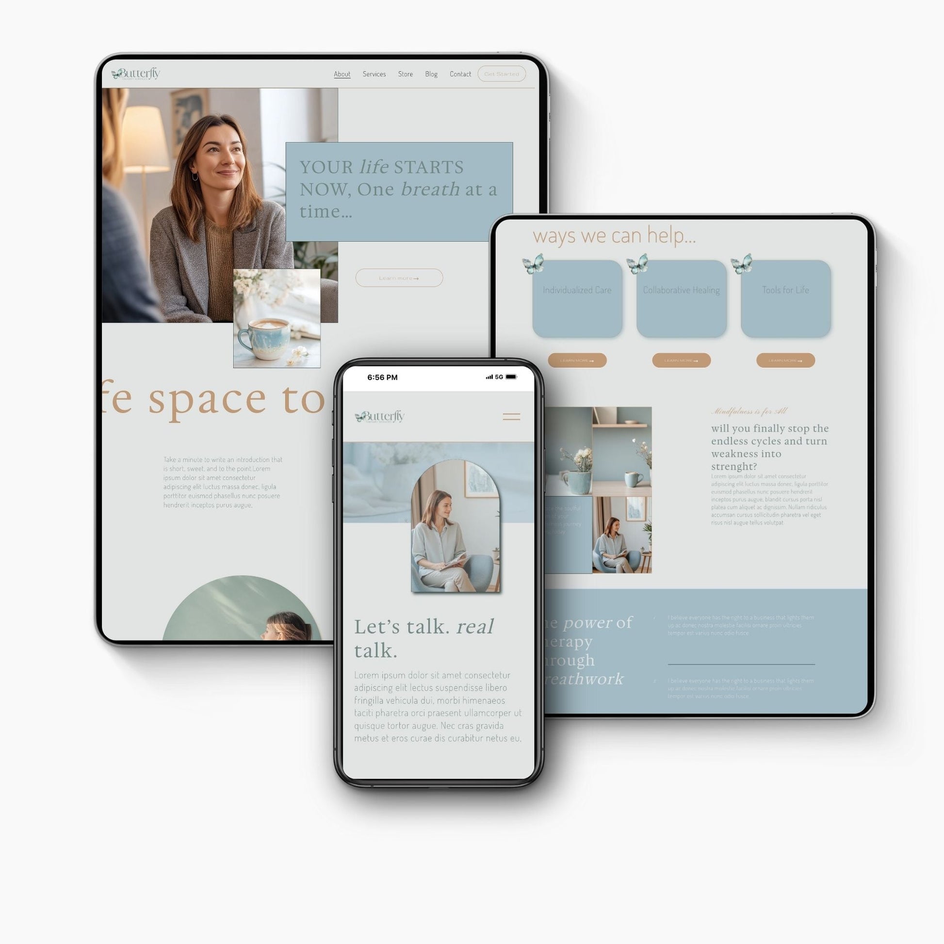 Digital mockup of a Squarespace Template For Therapists on a tablet, phone, and computer screen.