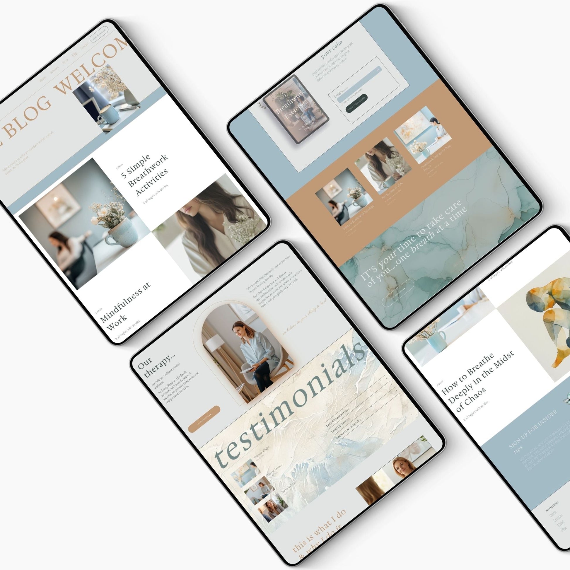 Multiple screens displaying a Squarespace Template For Therapists layout with text and images on a white background