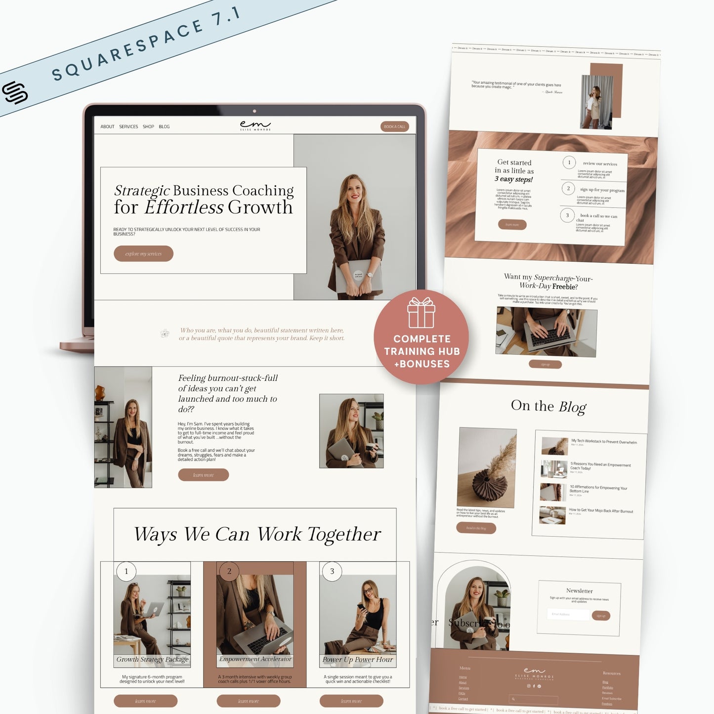Squarespace website template for coaches with a woman on a laptop and promotional text.