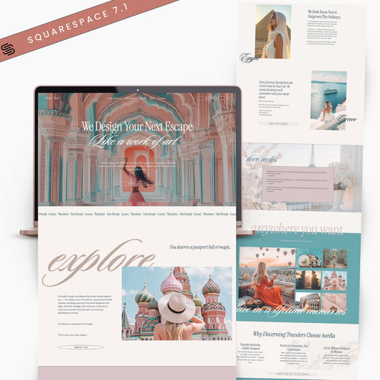 Squarespace Travel Website Template for Travel Agency on a laptop screen with white background.