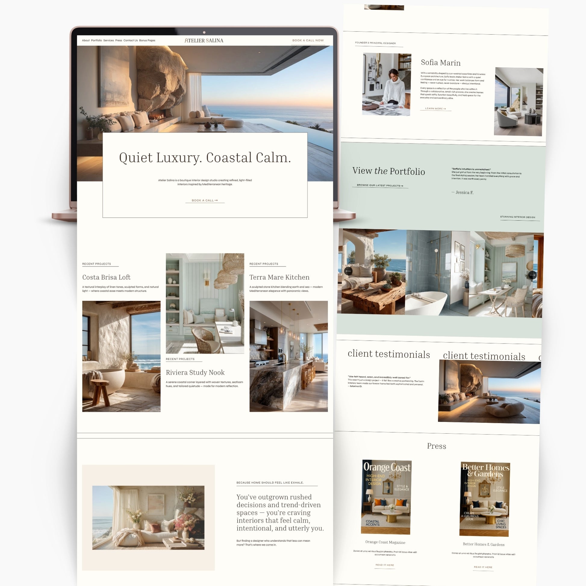 Squarespace Website template for interior designers mocked up on a layout with interior design images and text on a white background