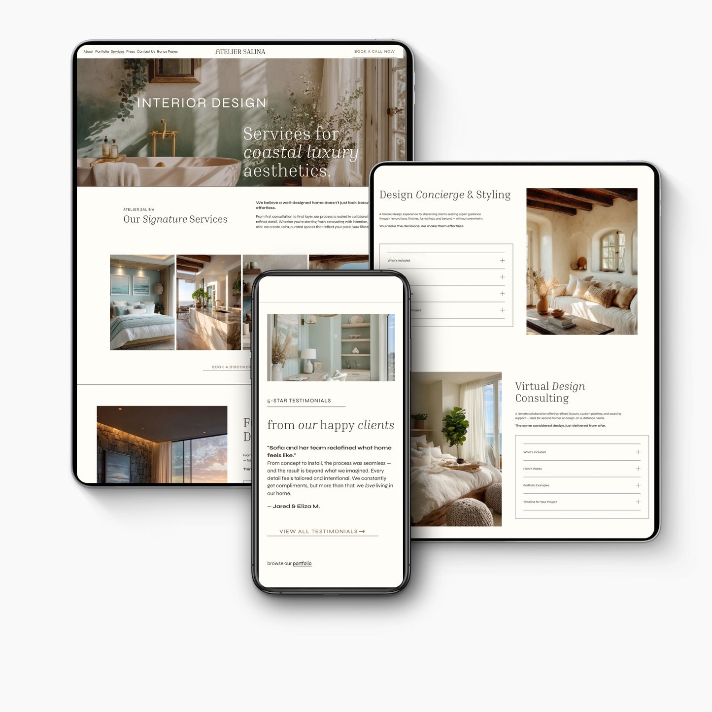 Three devices displaying an interior design website with images of living rooms.