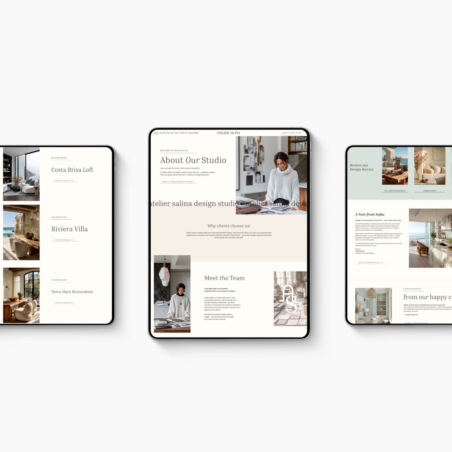 Three tablets displaying a Squarespace Website template for interior designers with images of people and rooms on a white background