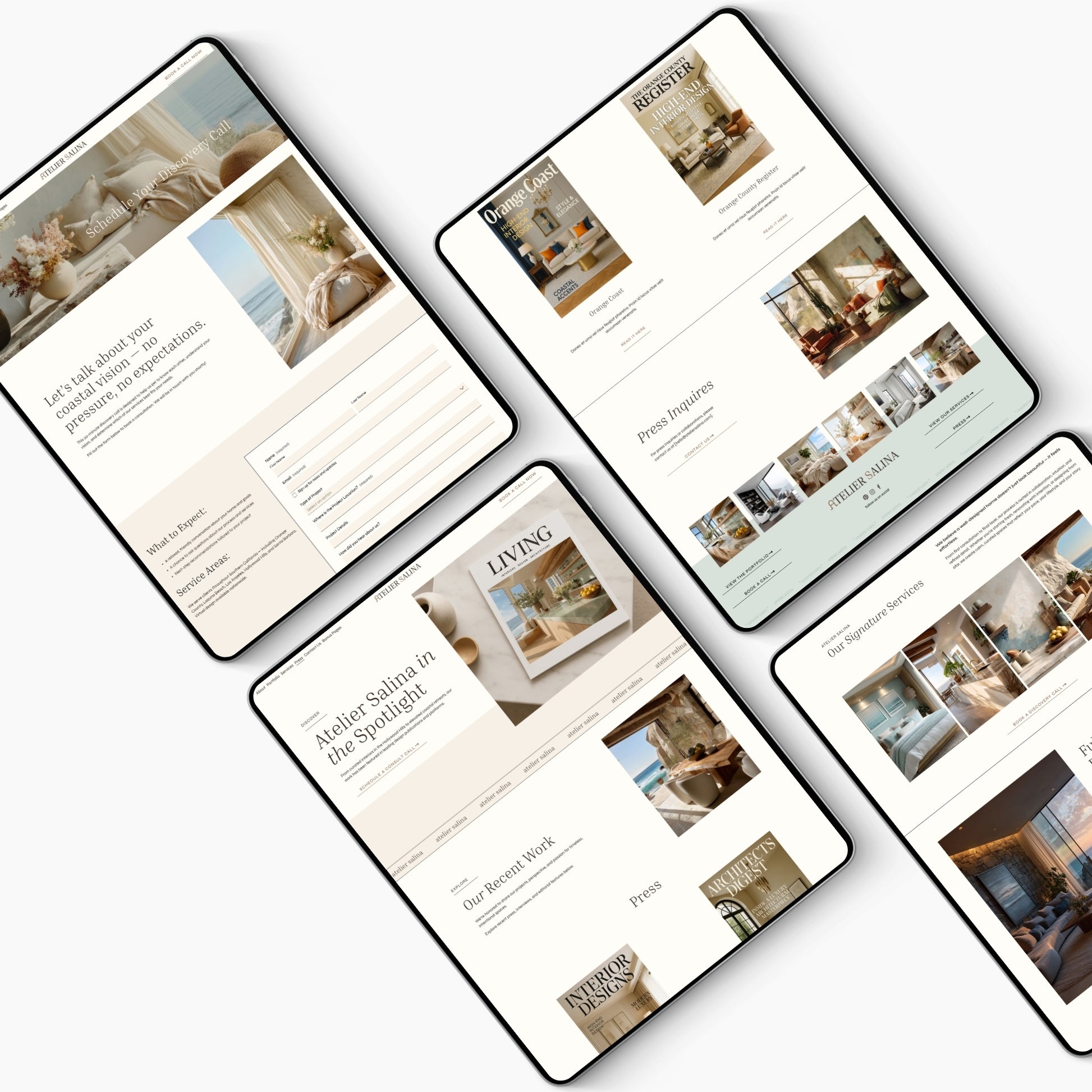 Multiple smartphone screens displaying the press page of a Squarespace Website template for interior designers including lifestyle magazine layouts with images of rooms and text.