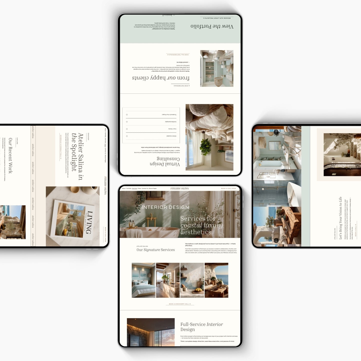 Multiple screens displaying interior design website pages on a white background