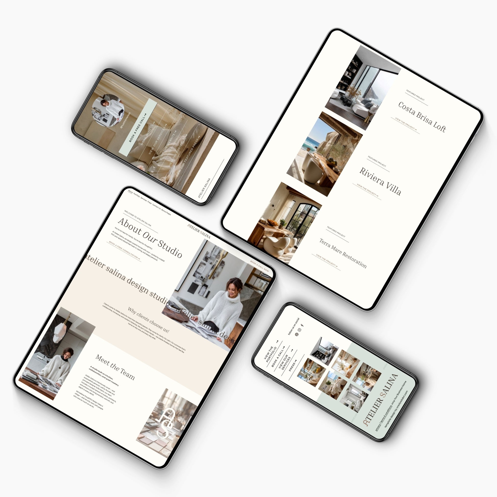 Three smartphones displaying a design studio's portfolio on a white background