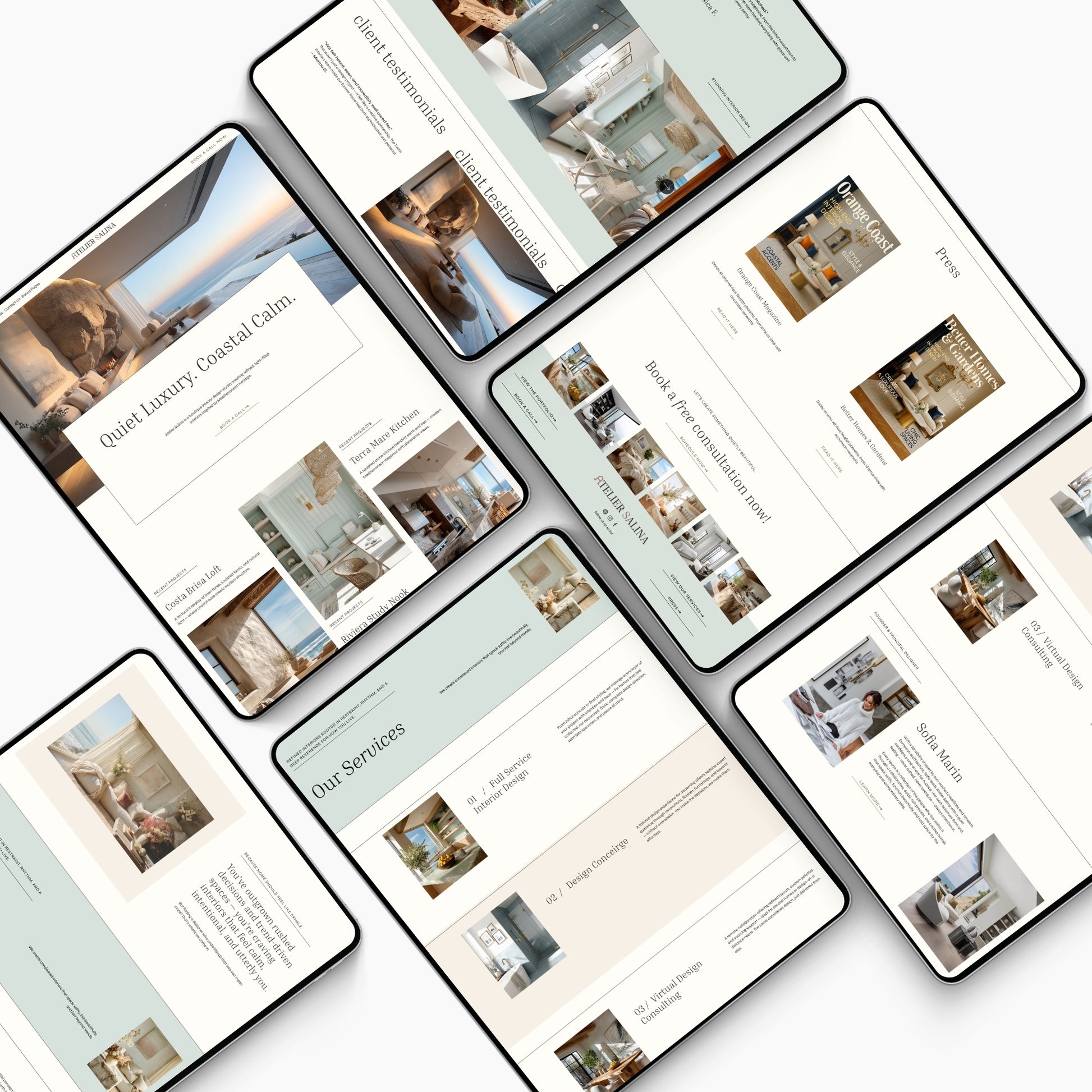 Multiple smartphone screens displaying a website with images of a Squarespace Website template for interior designers.