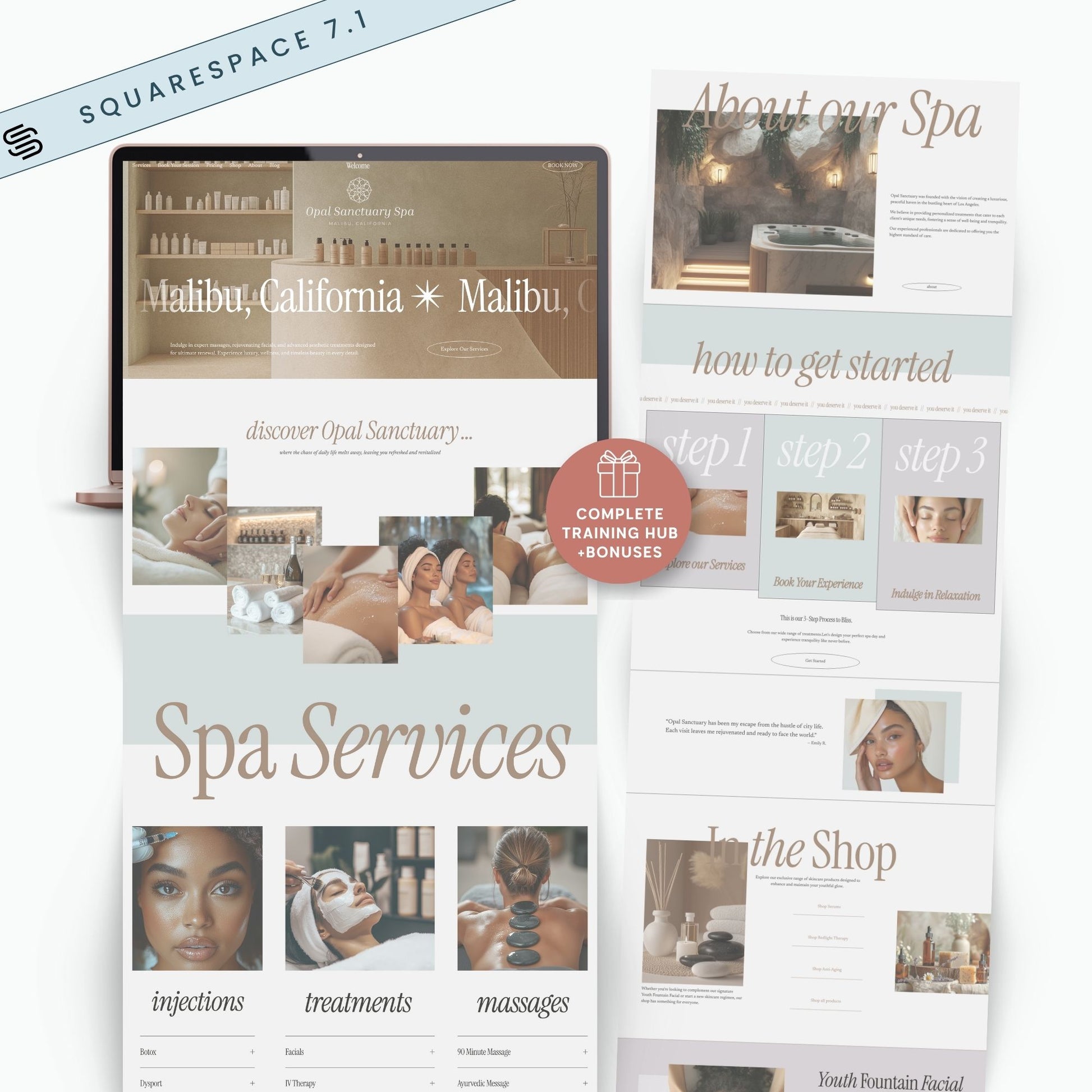 Squarespace website design for a spa with various pages and images.