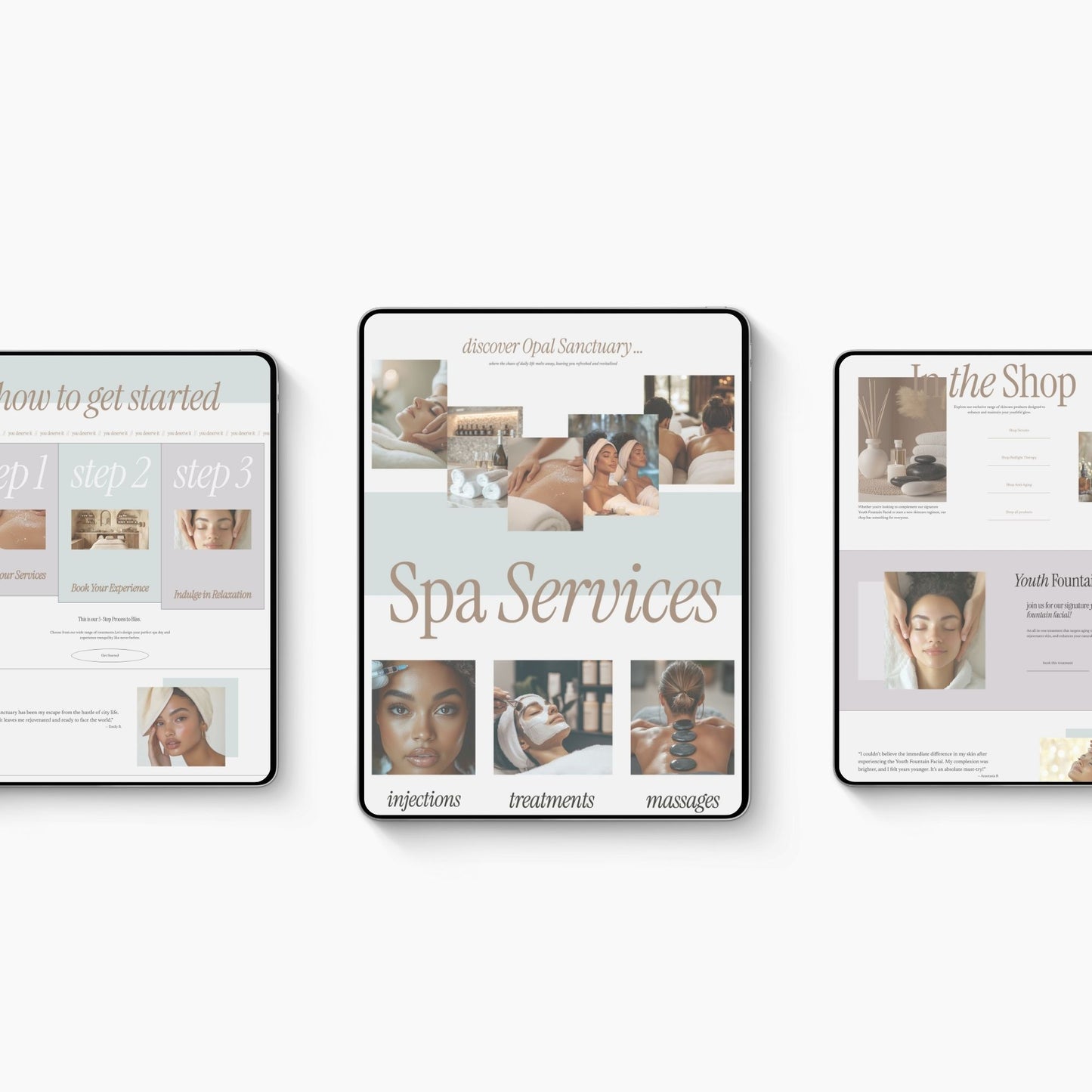 Three tablets displaying a Squarespace template medspa services on a white background
