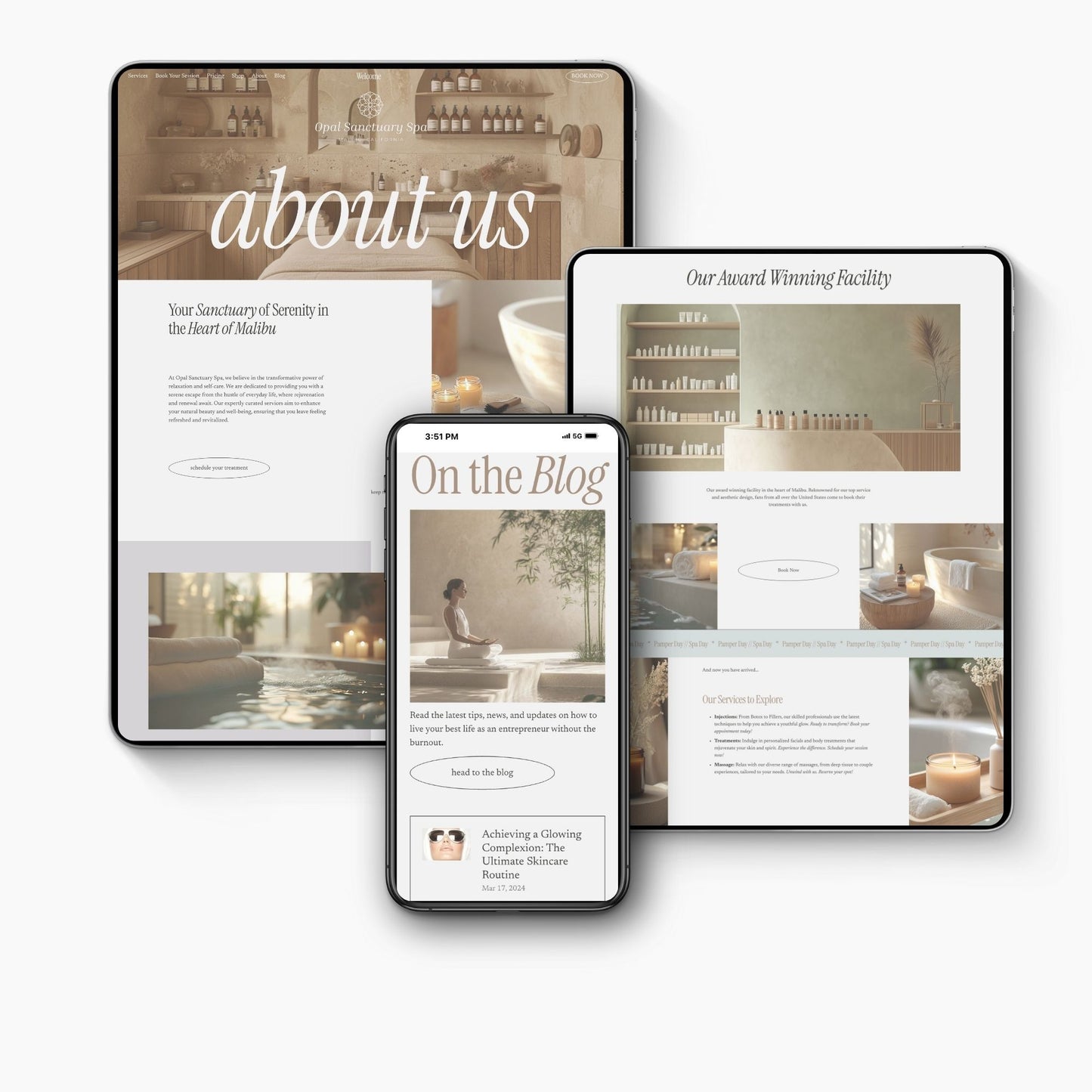 Digital screens displaying a Squarespace template medspa layout with 'about us' and 'On the Blog' sections.