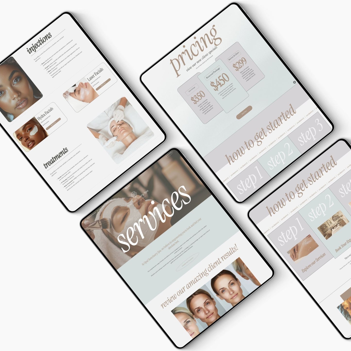 Multiple digital screens displaying a Squarespace template medspa's skincare or beauty services menu with pricing and steps.
