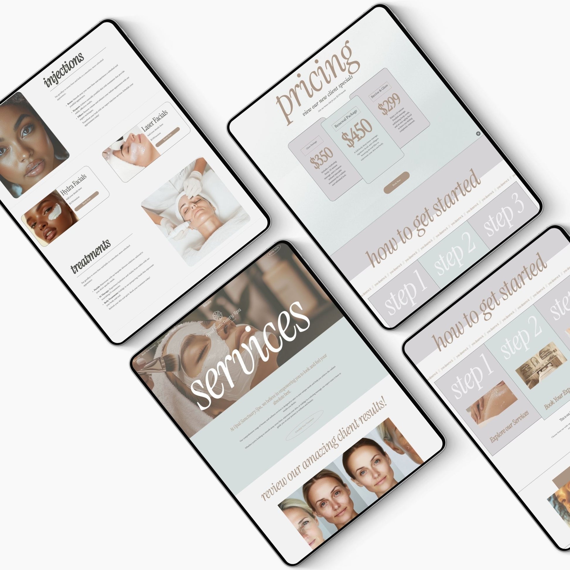 Multiple digital screens displaying a Squarespace template medspa's skincare or beauty services menu with pricing and steps.