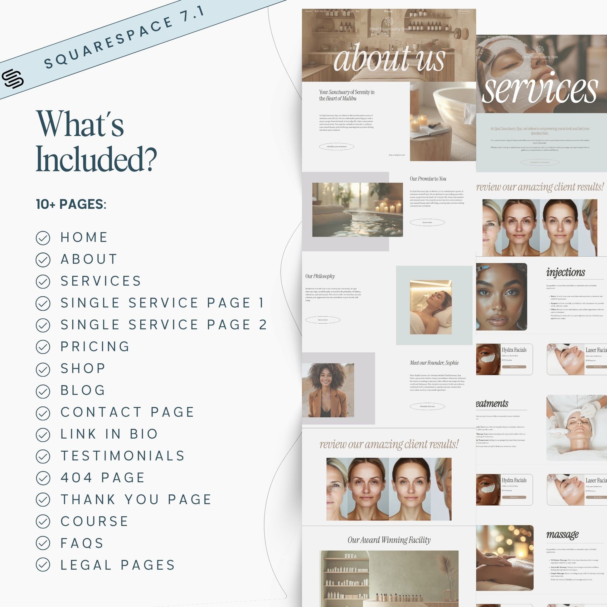 Squarespace website template for medspa with various pages displayed on a white background.