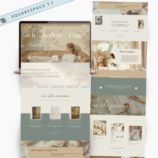 Squarespace website template design mocked up on a computer, designed for authors, coaches and speakers.