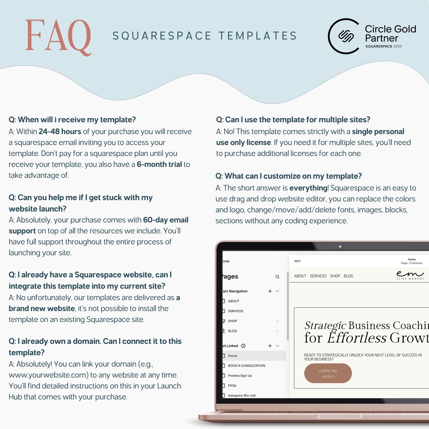 FAQ section about Squarespace website template for coaches with a laptop displaying a website on a light blue background.