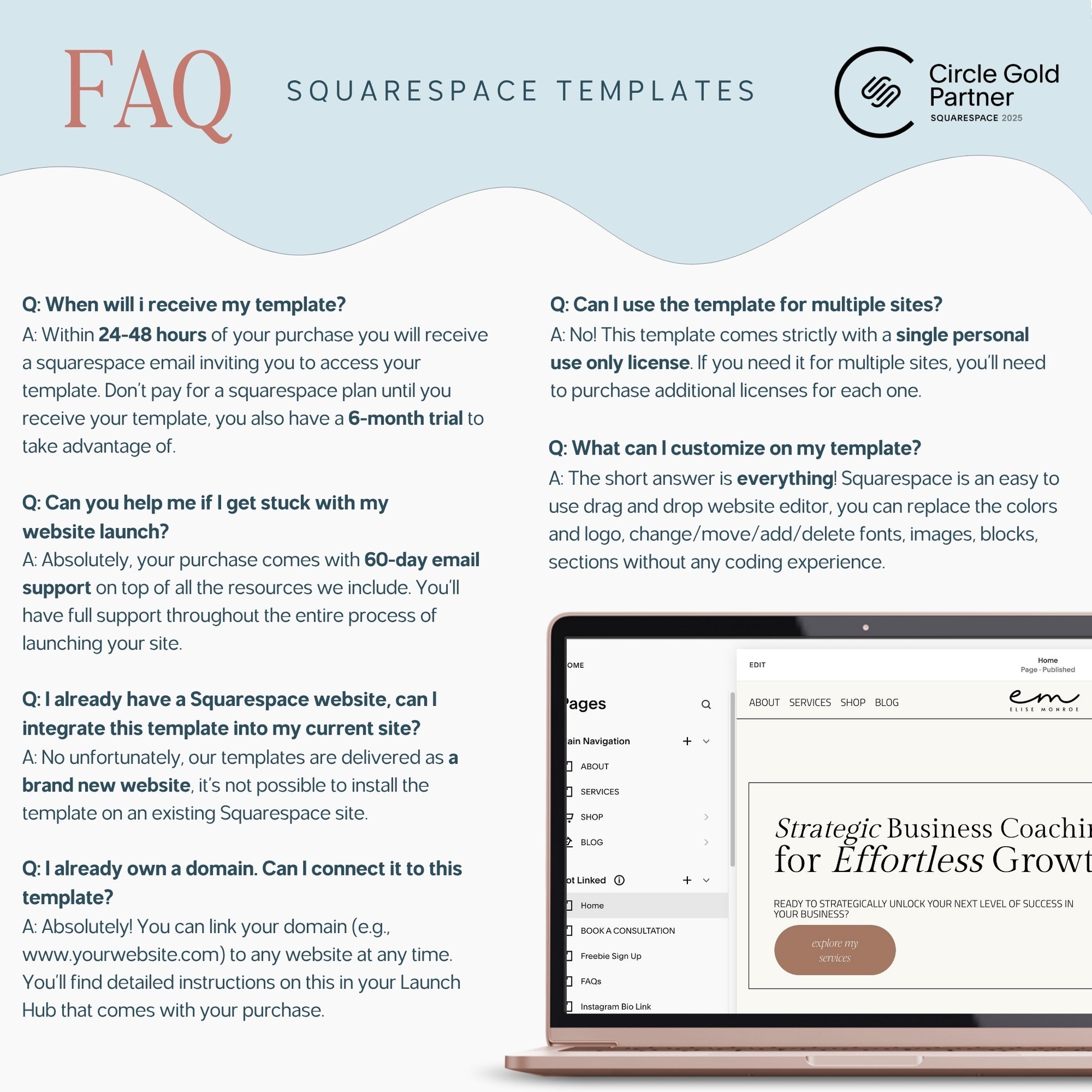 FAQ section about Squarespace website template for coaches with a laptop displaying a website on a light blue background.
